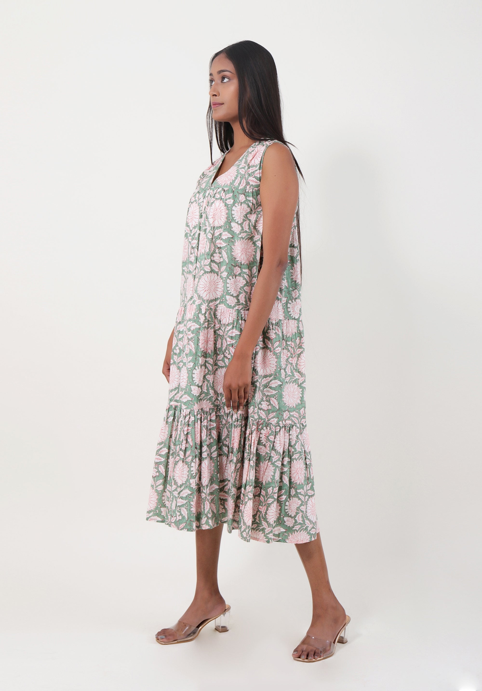 Women Tiered dress Nirmala Floral Green