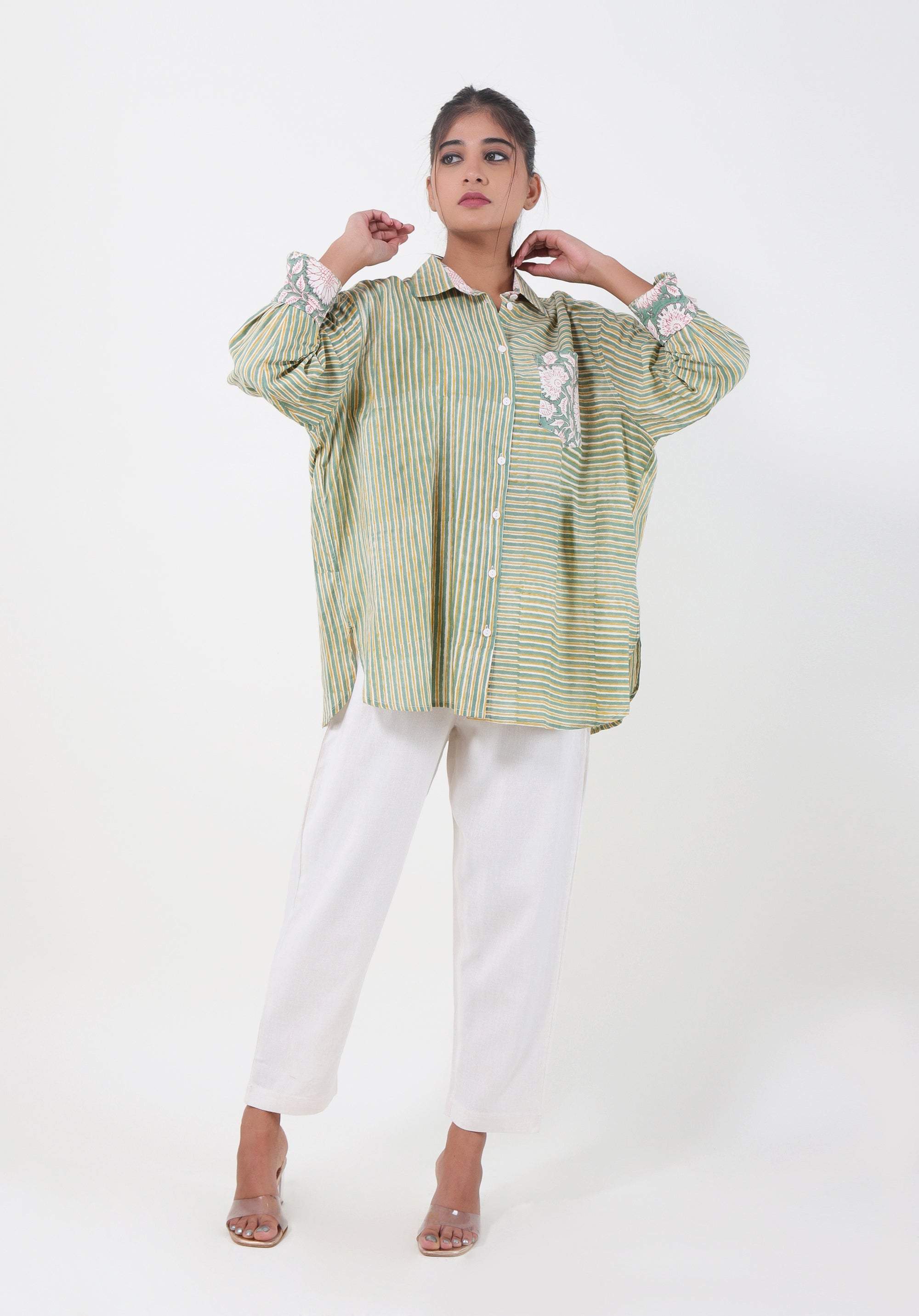 Women Block printed Piyu Oversized shirt Striped Green