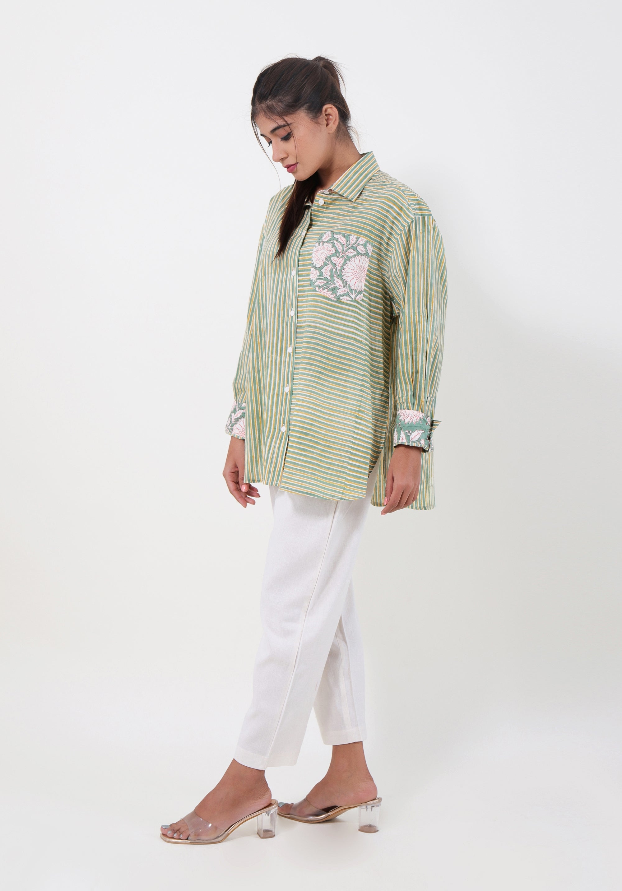 Women Block printed Piyu Oversized shirt Striped Green