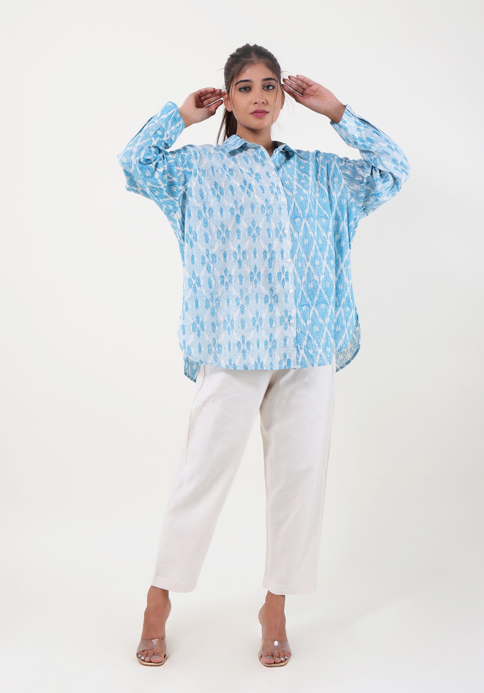 Women Block printed Piyu Oversized shirt Ikkat Kantha Blue