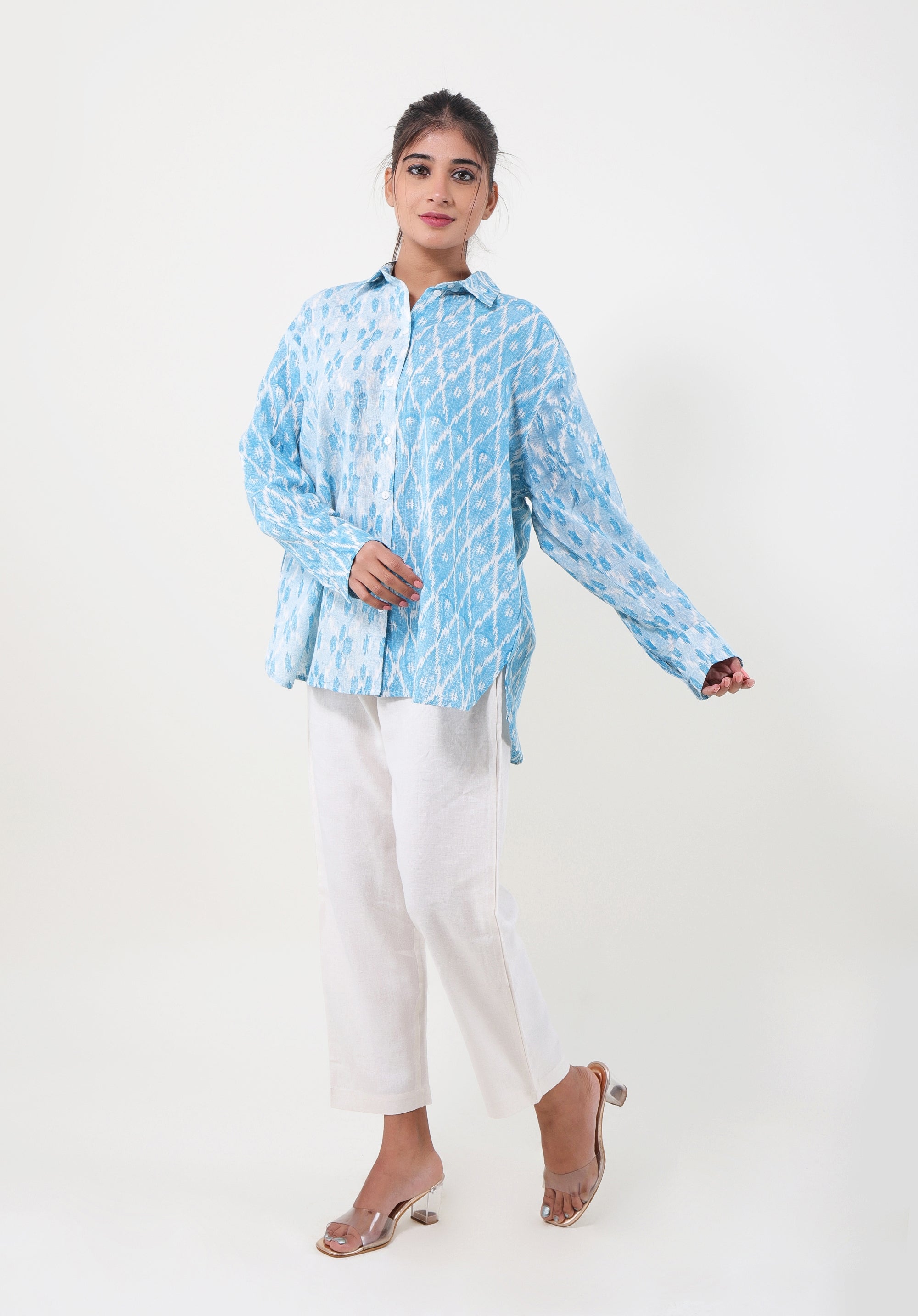 Women Block printed Piyu Oversized shirt Ikkat Kantha Blue