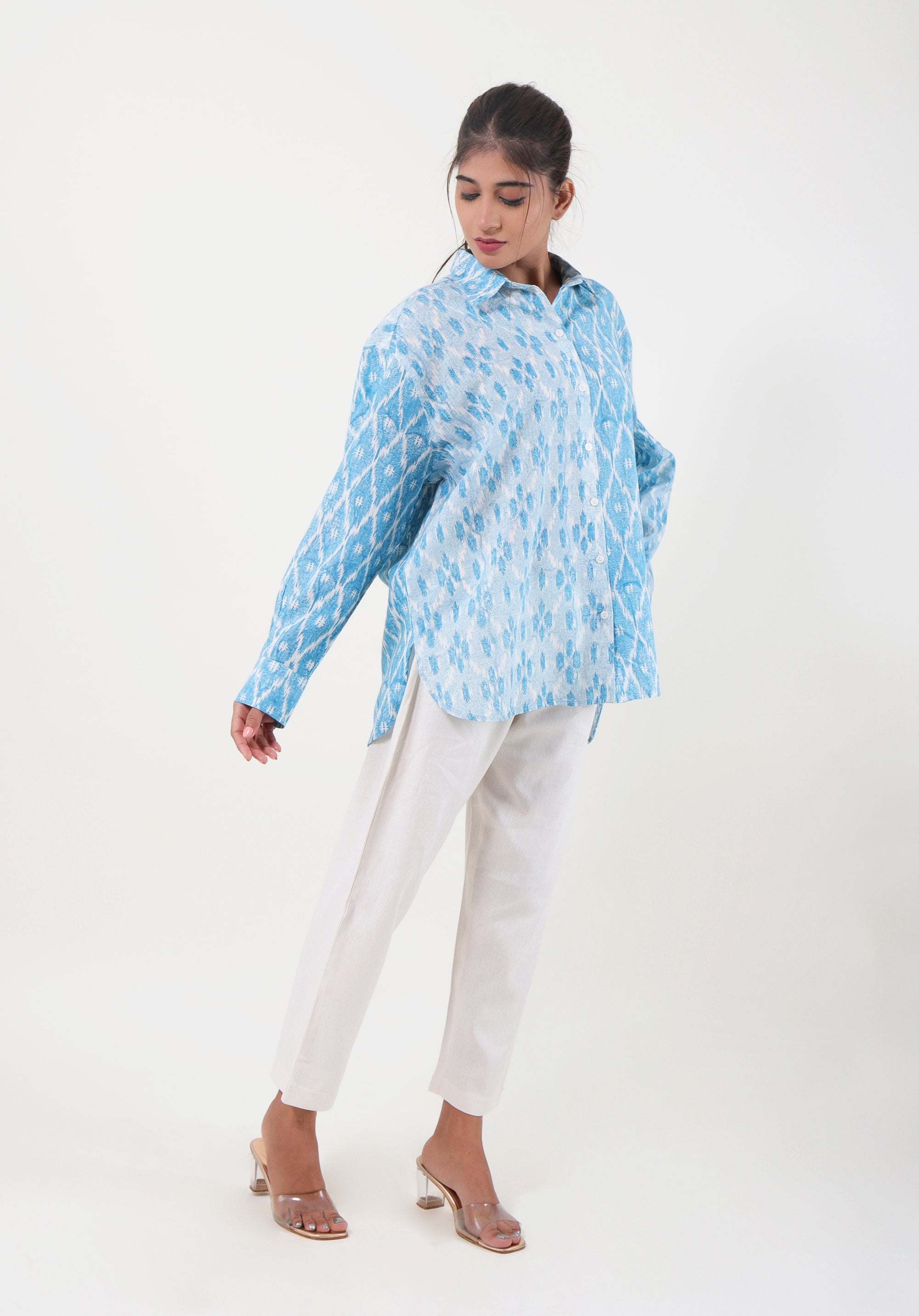 Women Block printed Piyu Oversized shirt Ikkat Kantha Blue