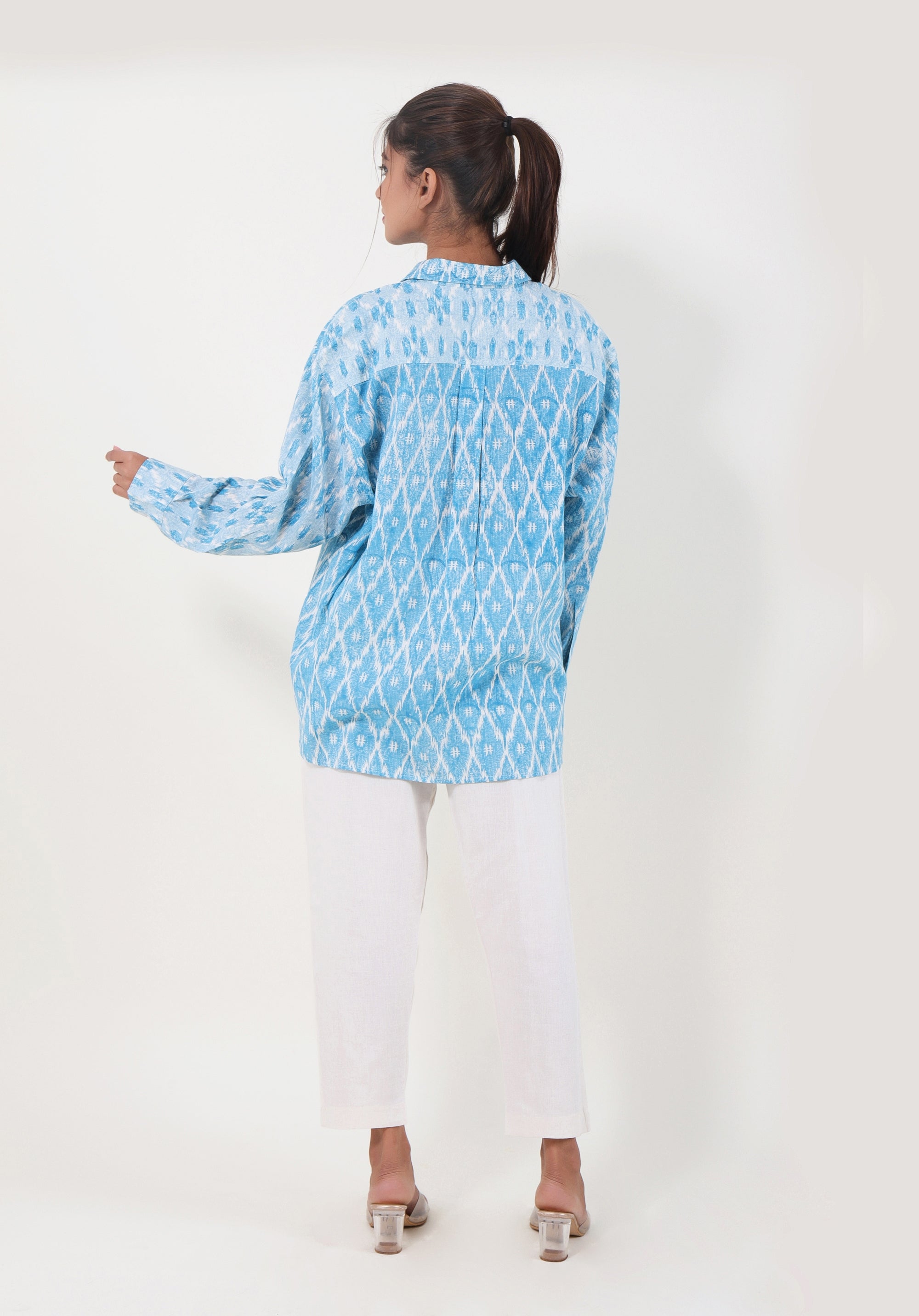 Women Block printed Piyu Oversized shirt Ikkat Kantha Blue