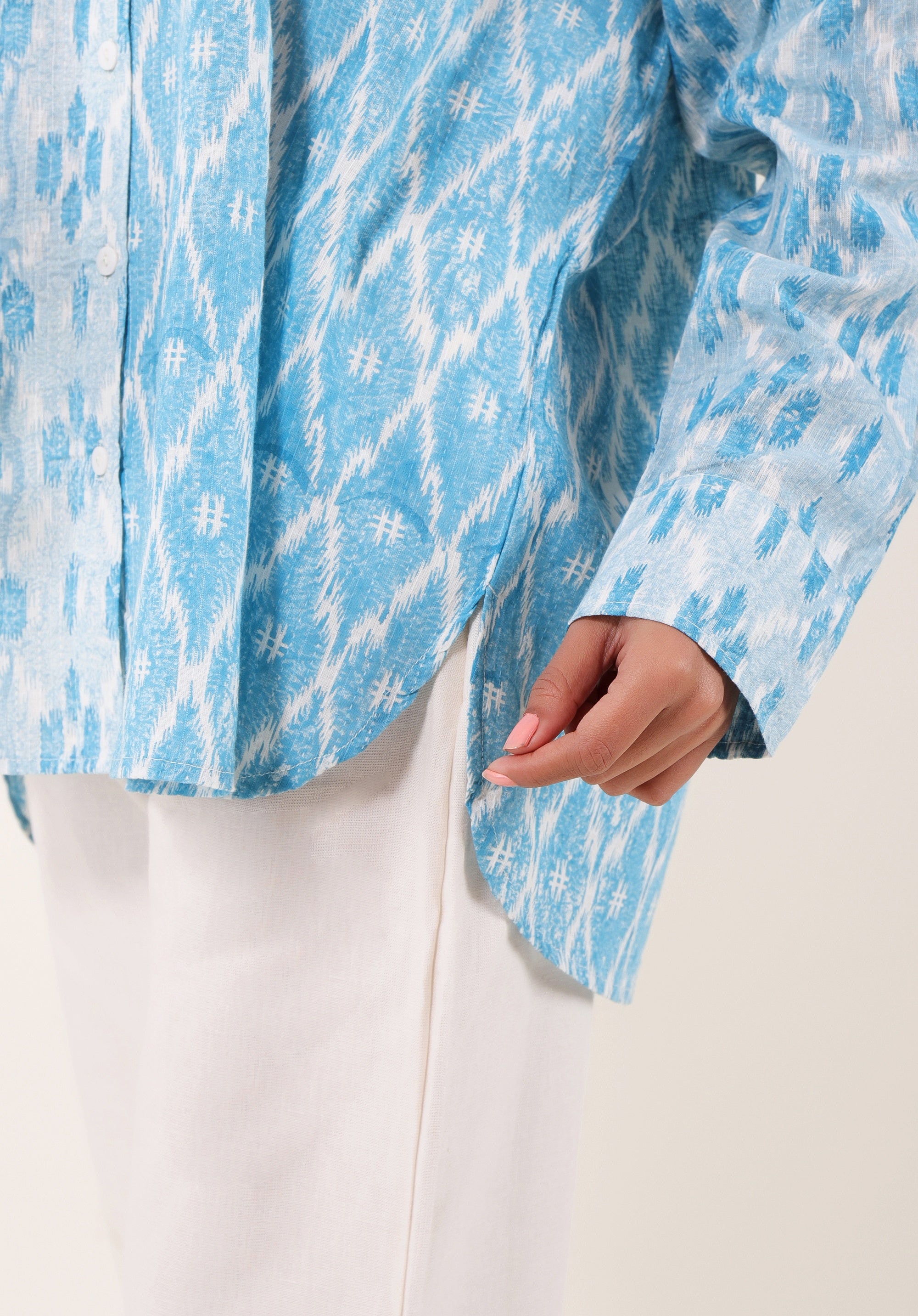 Women Block printed Piyu Oversized shirt Ikkat Kantha Blue