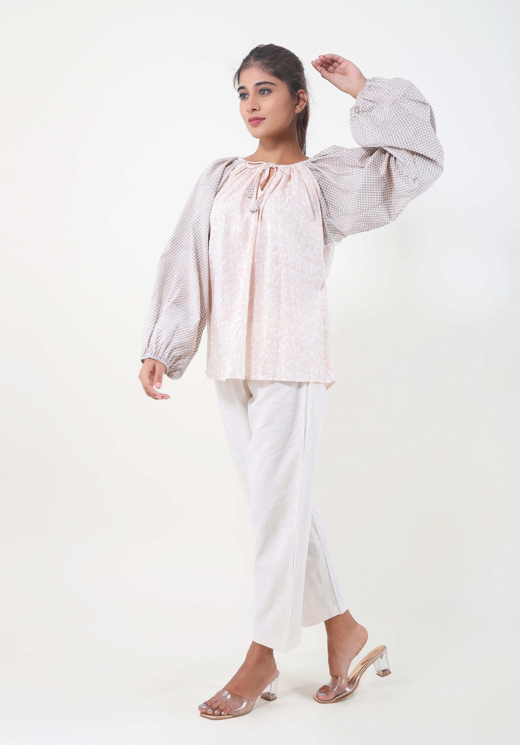 Women Block printed Tina Blouson Top June Peach