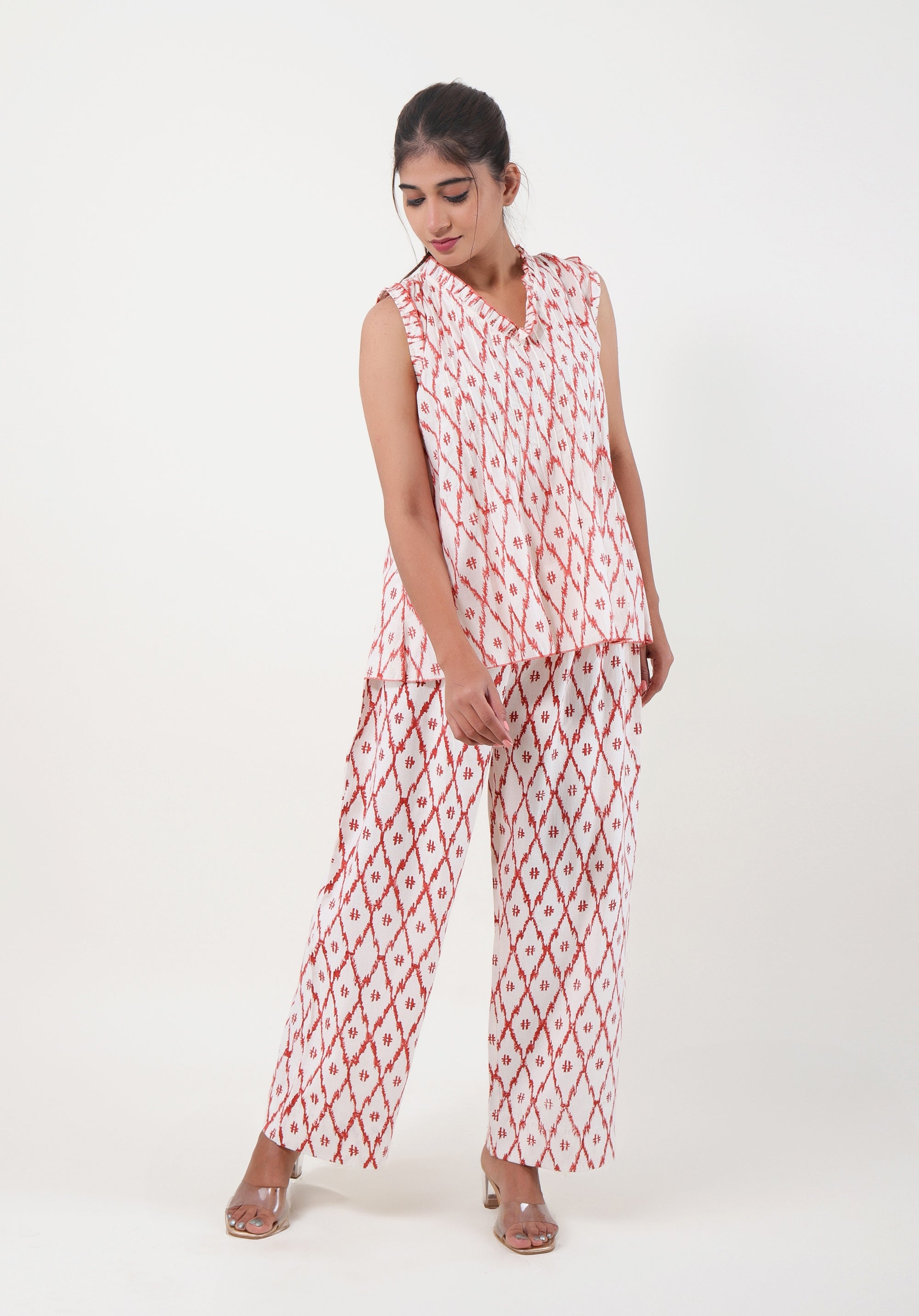 Women Printed Co-ord Set Ikkat Red