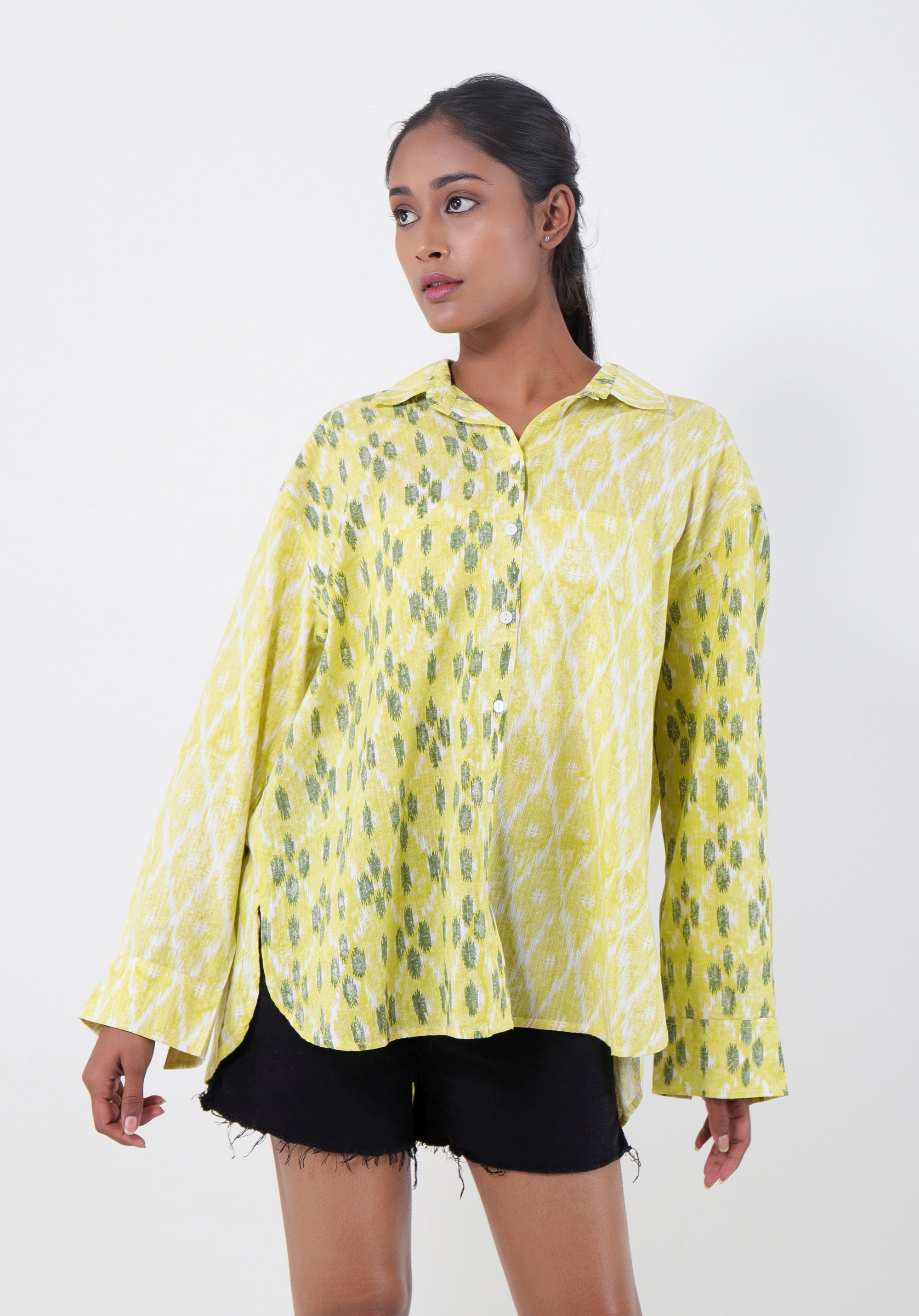 Women Block printed Piyu Oversized shirt Ikkat Kantha Yellow