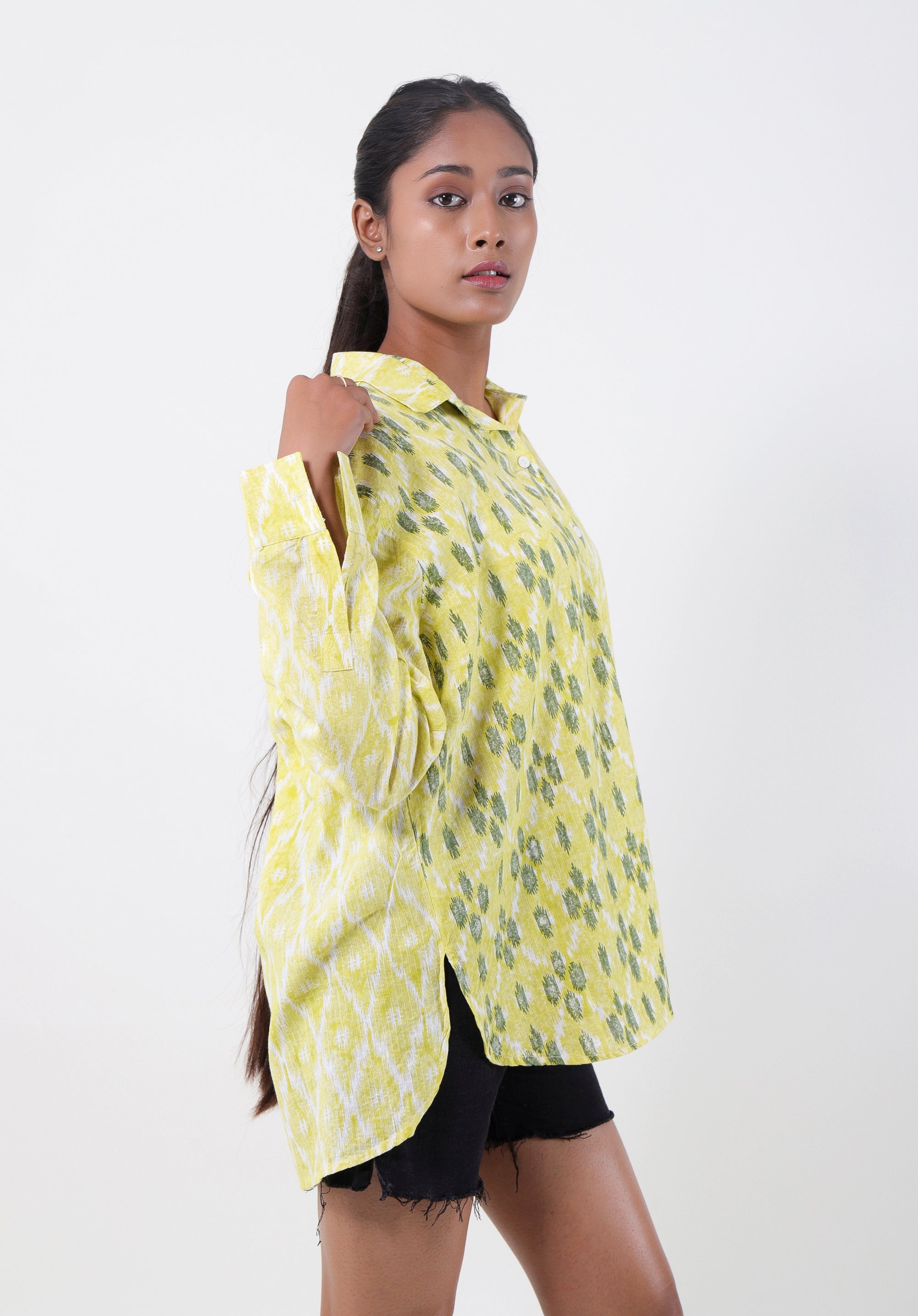 Women Block printed Piyu Oversized shirt Ikkat Kantha Yellow