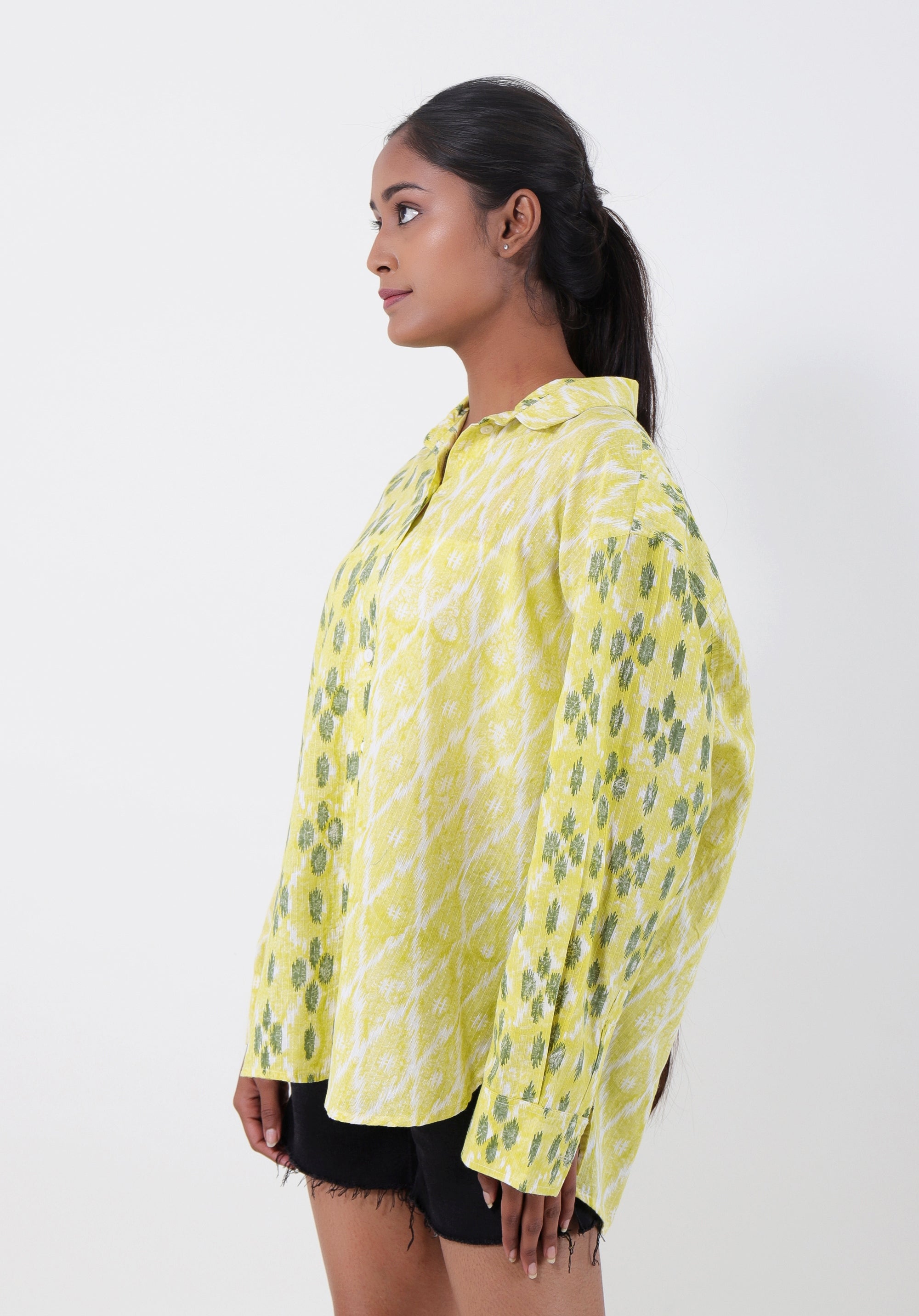 Women Block printed Piyu Oversized shirt Ikkat Kantha Yellow