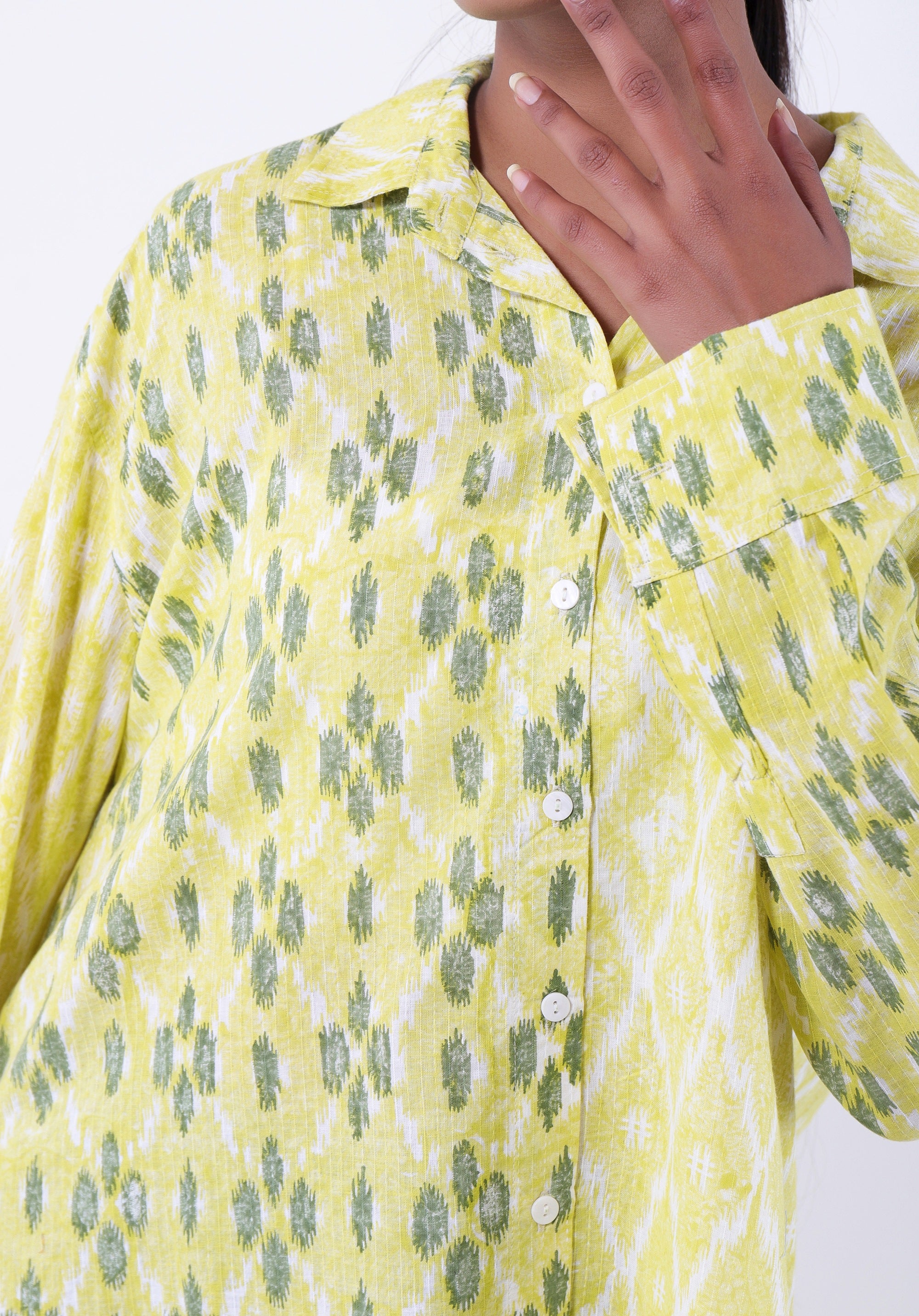 Women Block printed Piyu Oversized shirt Ikkat Kantha Yellow