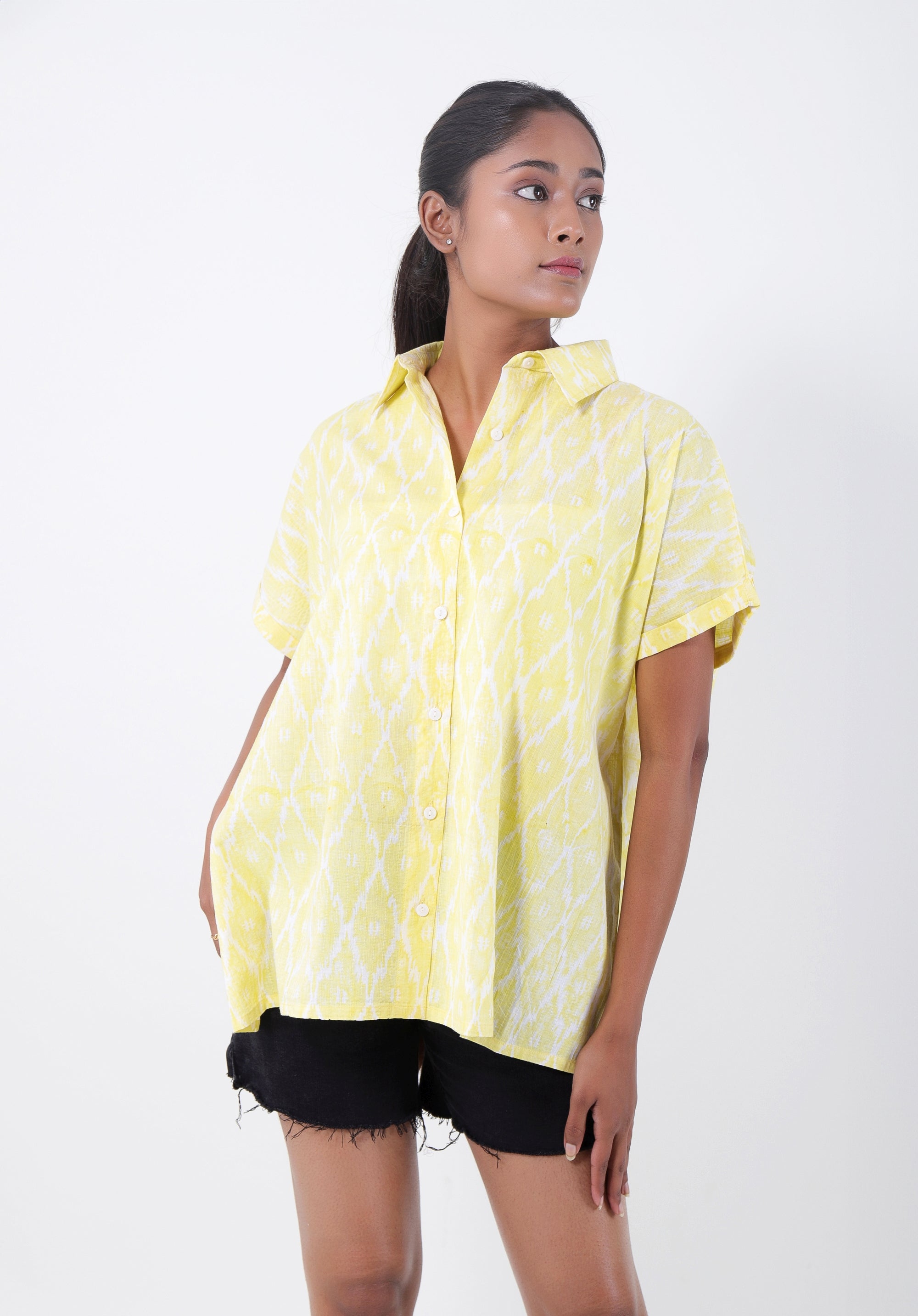 Women Block printed Mama Top Ikkat Kantha Yellow