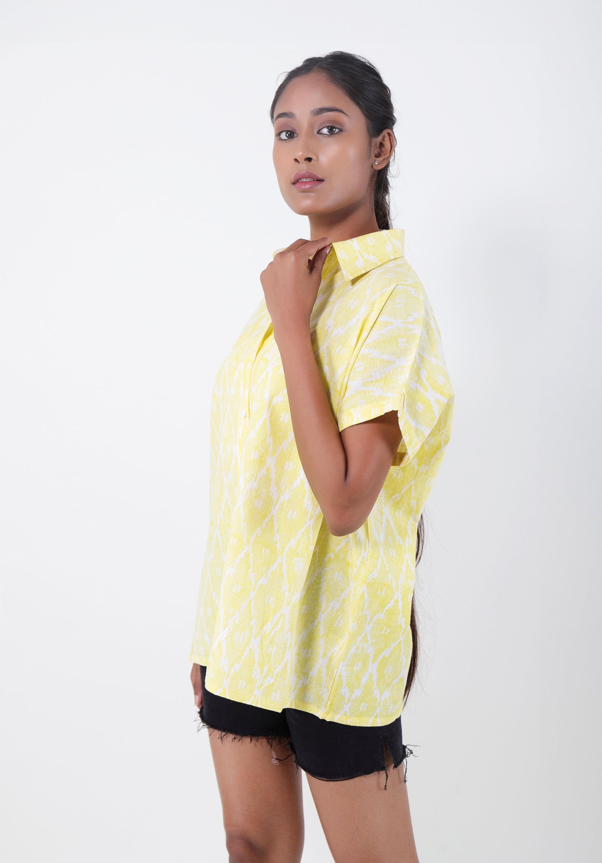 Women Block printed Mama Top Ikkat Kantha Yellow