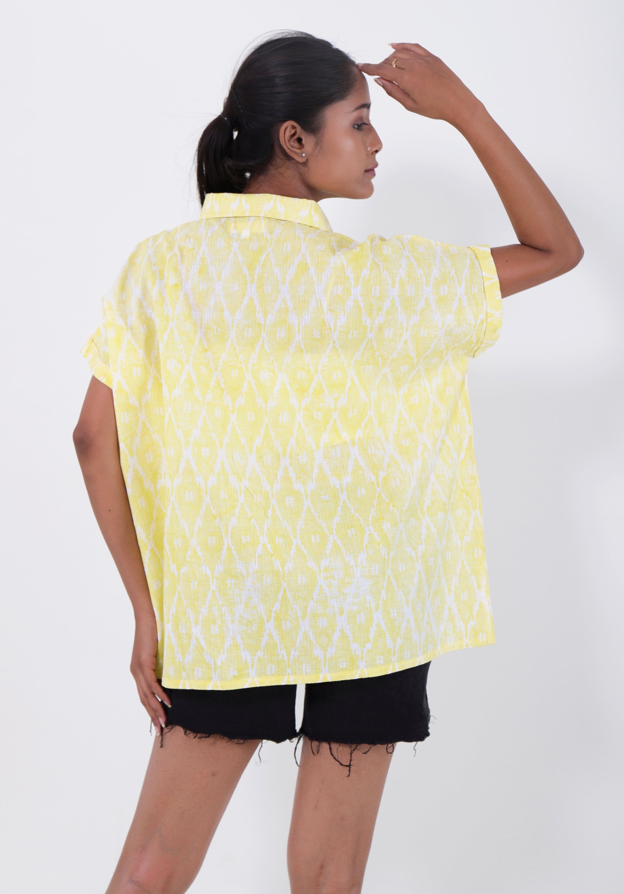 Women Block printed Mama Top Ikkat Kantha Yellow