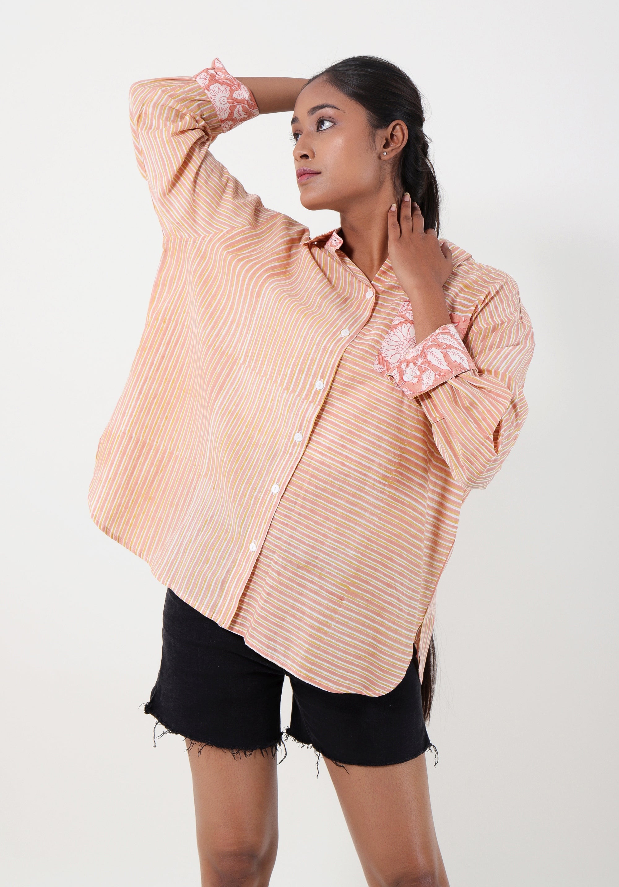 Women Block printed Piyu Oversized shirt Striped Peach