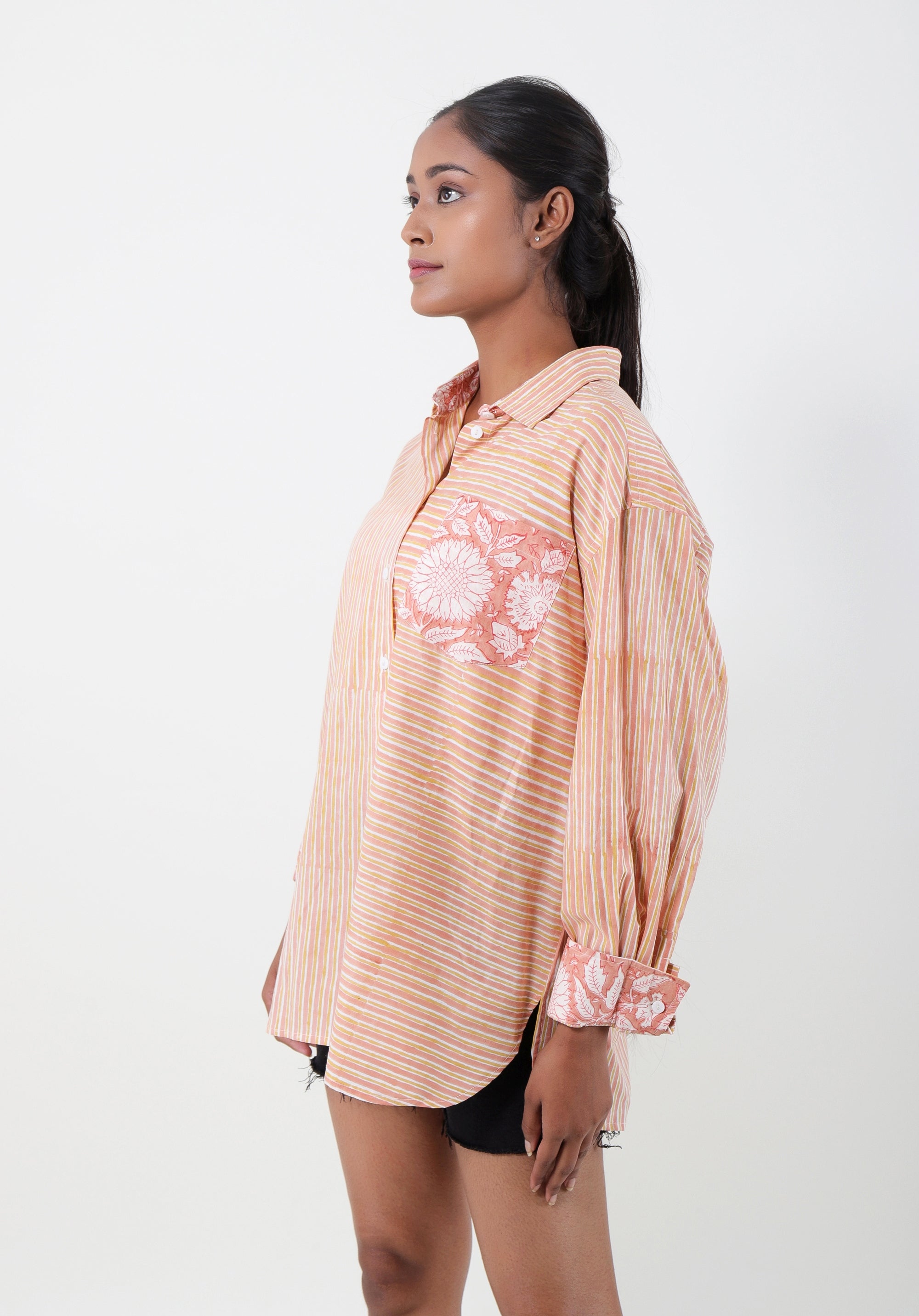 Women Block printed Piyu Oversized shirt Striped Peach