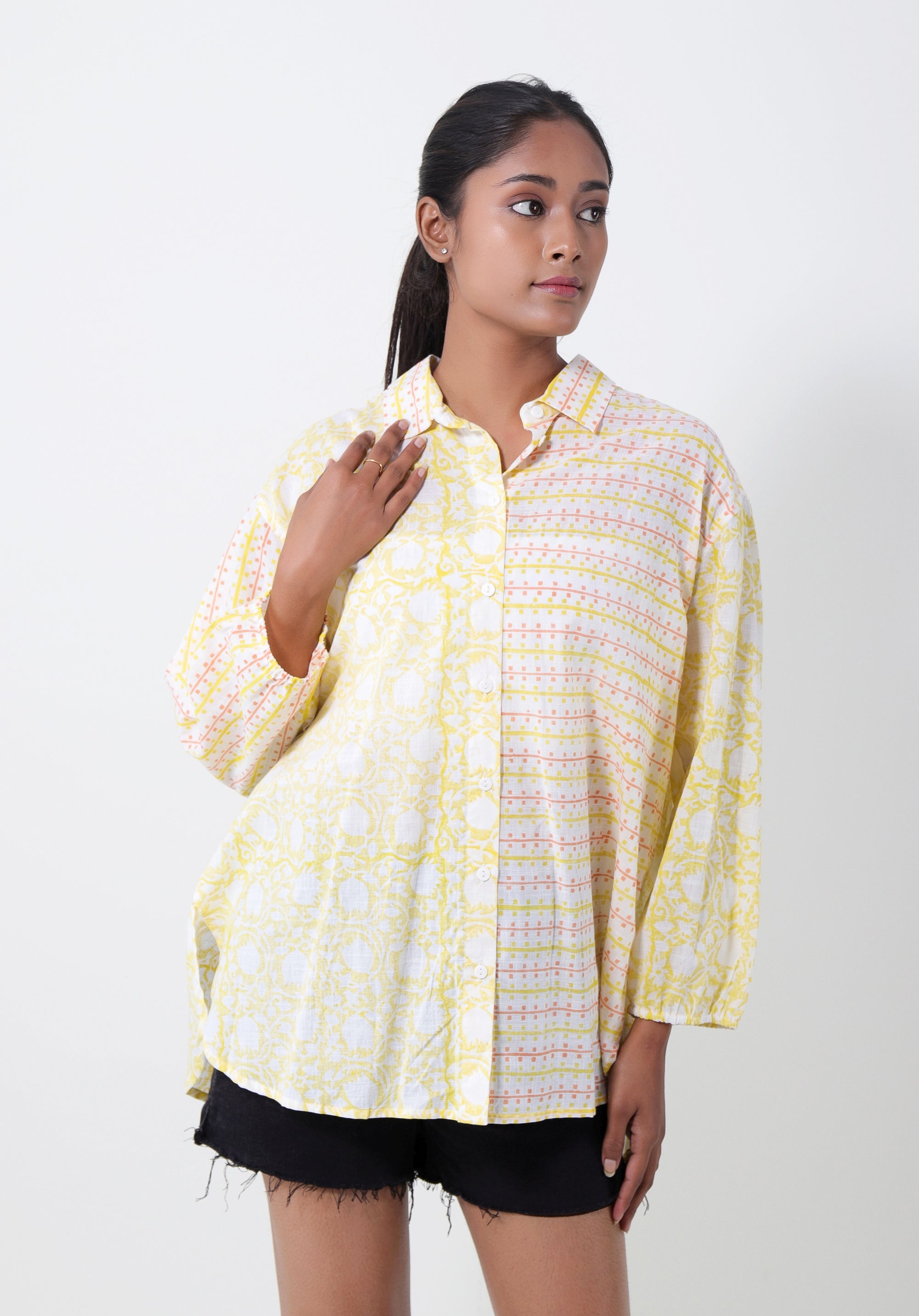 Women Block printed Piyu Oversized shirt Lily Yellow