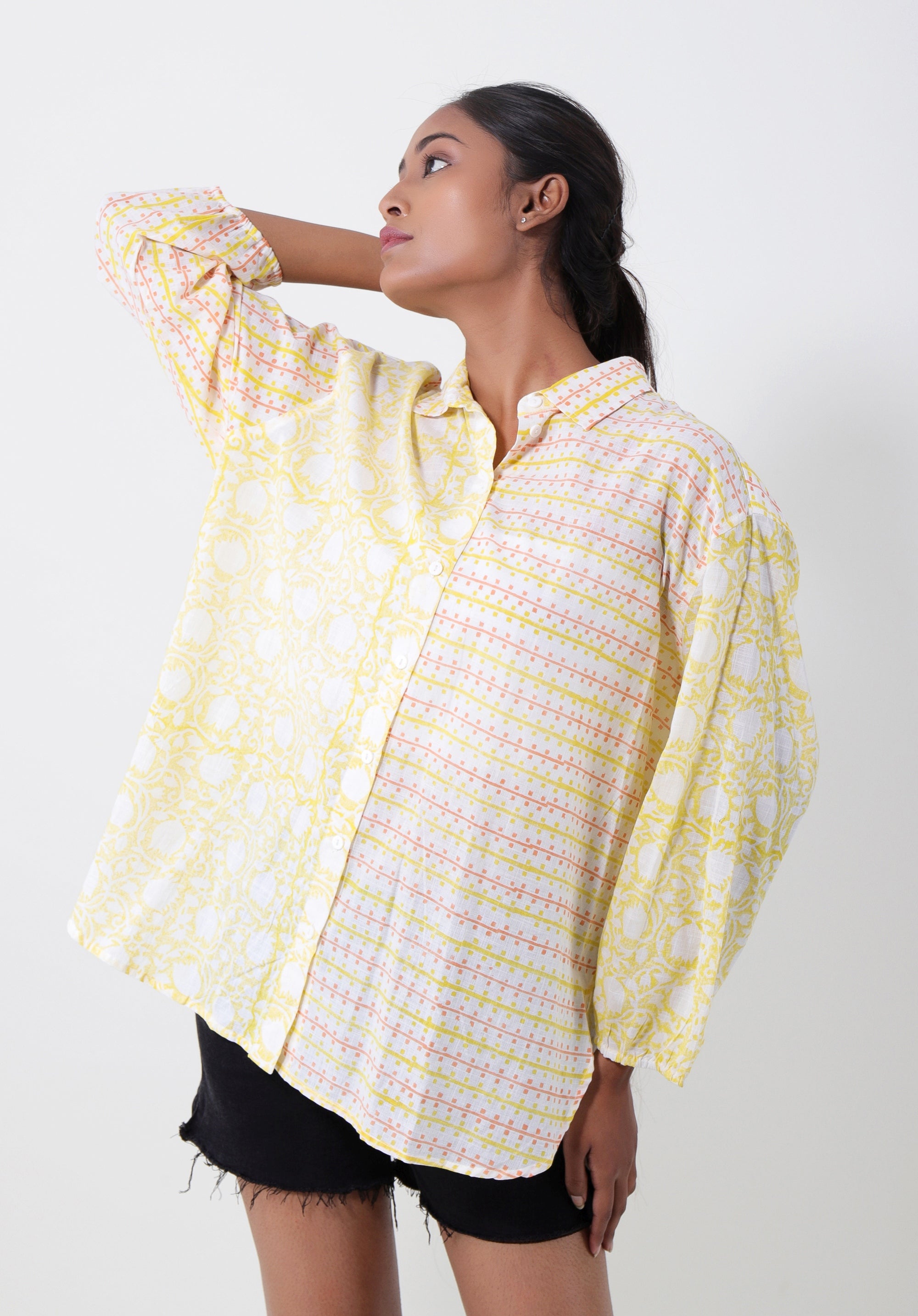 Women Block printed Piyu Oversized shirt Lily Yellow