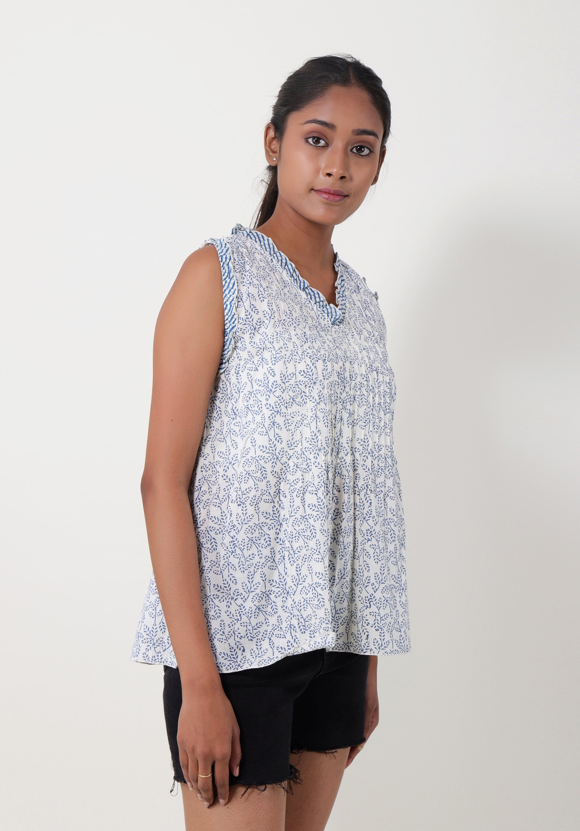 Women Block printed Rama Blouson Top June Blue