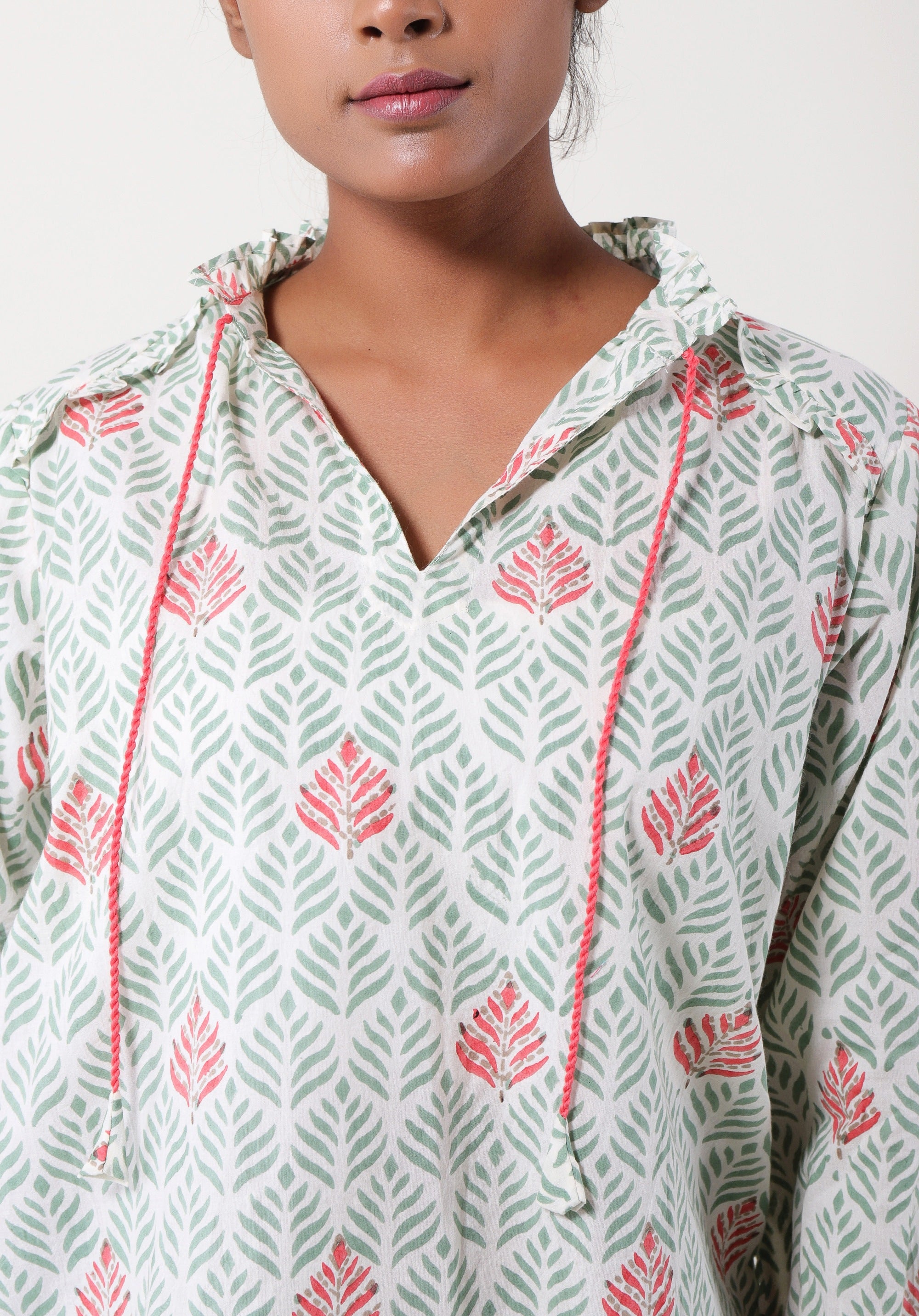 Women Block printed Aza Top Leaf Green