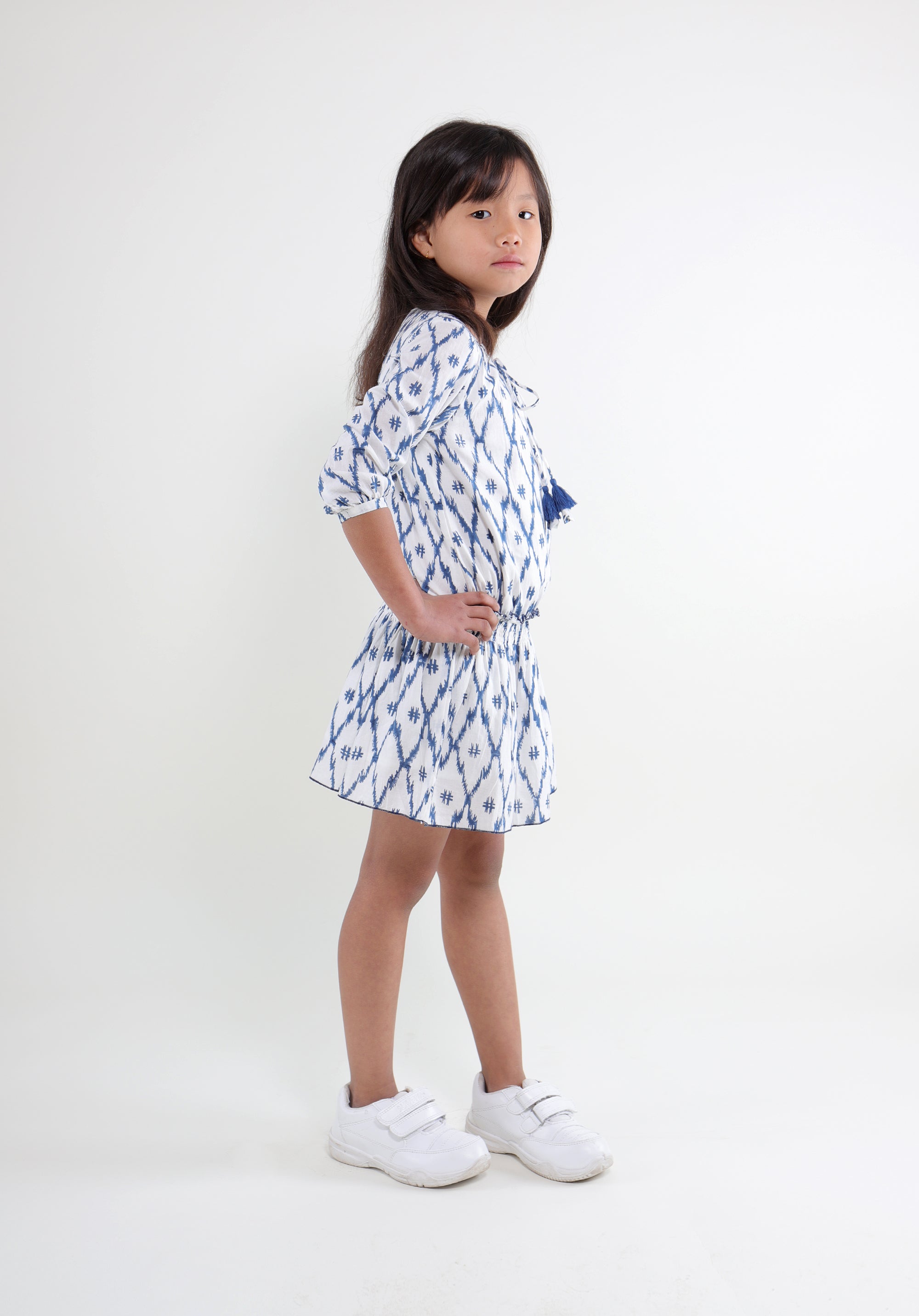 Girl's Block printed Dress Mary Ikkat Blue