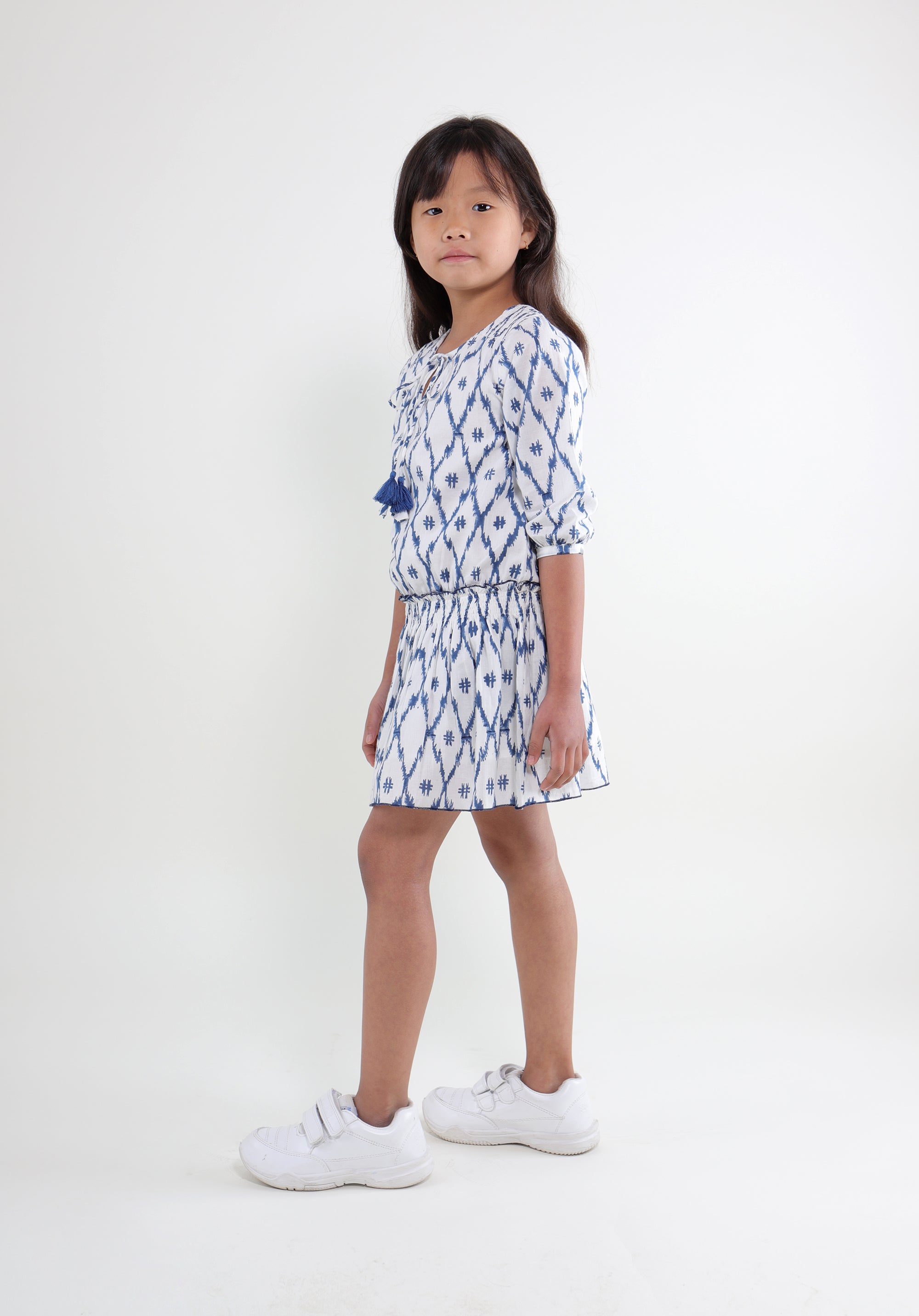 Girl's Block printed Dress Mary Ikkat Blue