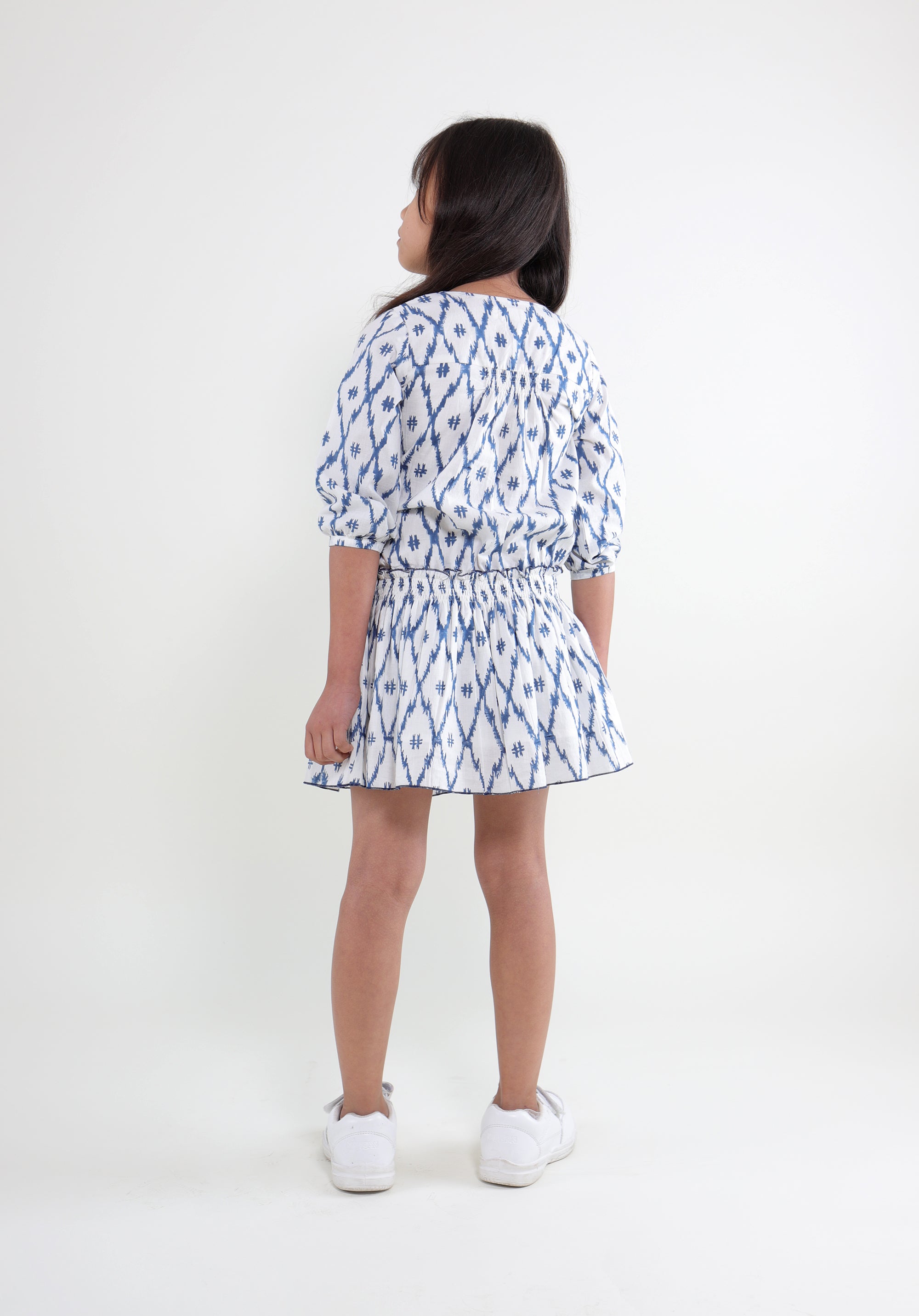Girl's Block printed Dress Mary Ikkat Blue