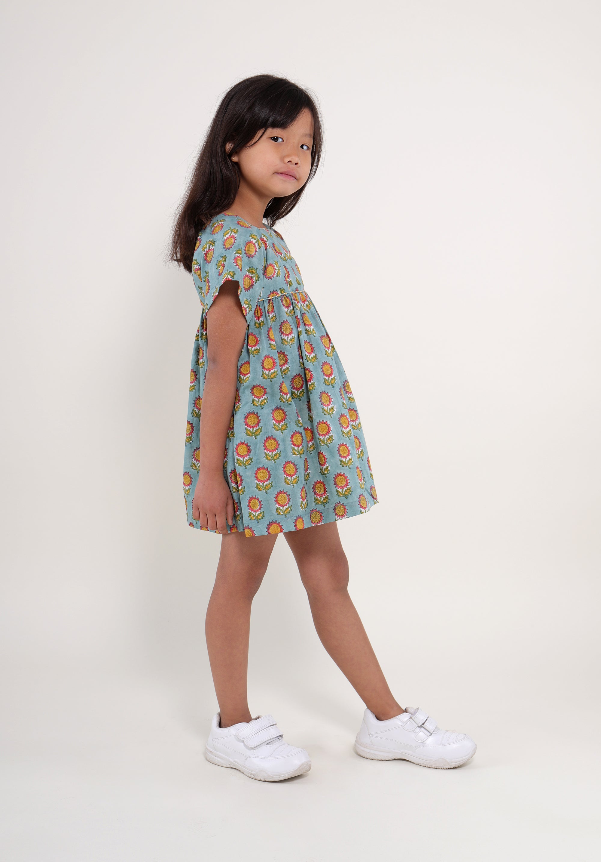 Girl's Block printed Dress Lila Sunflower Blue