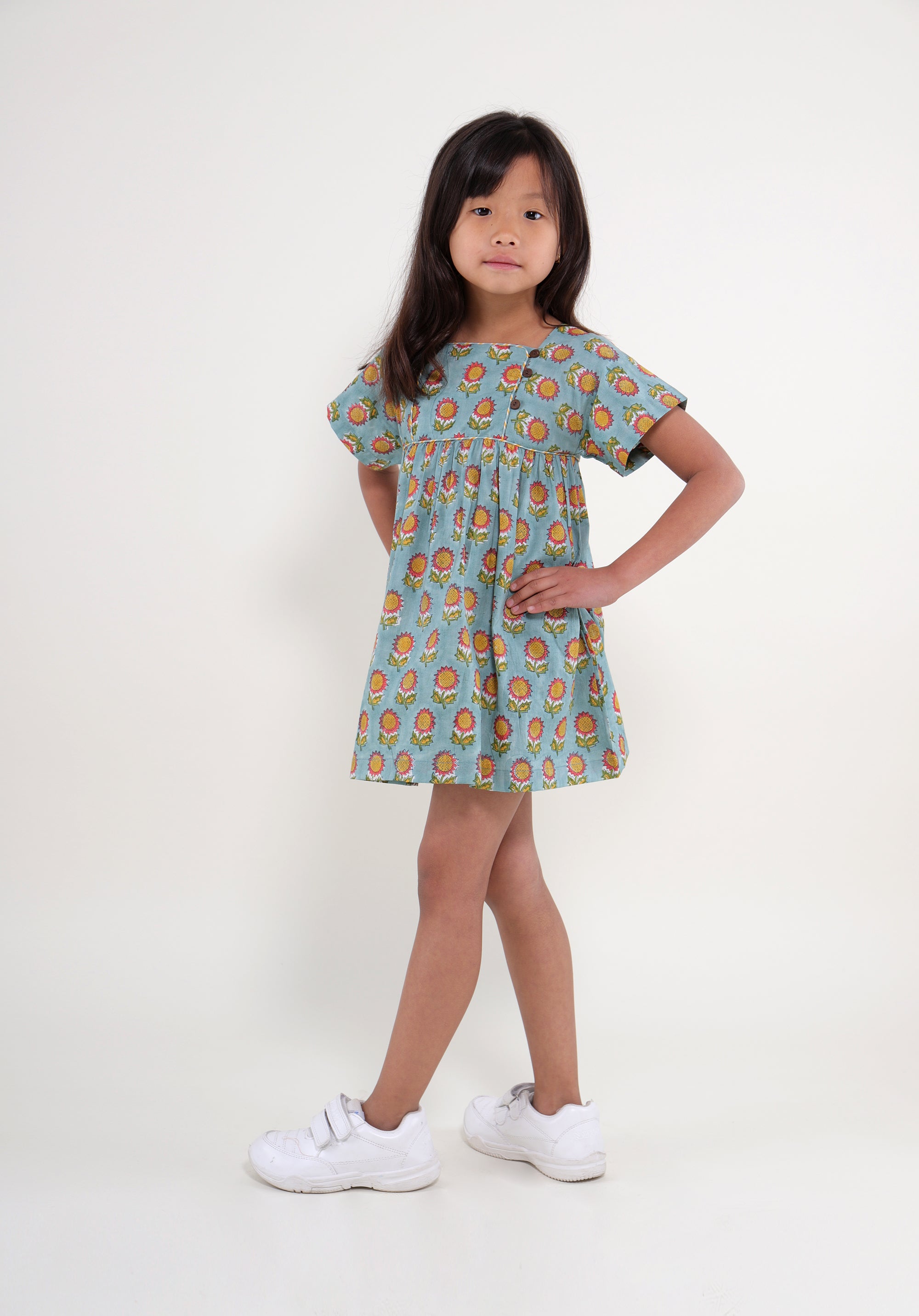 Girl's Block printed Dress Lila Sunflower Blue