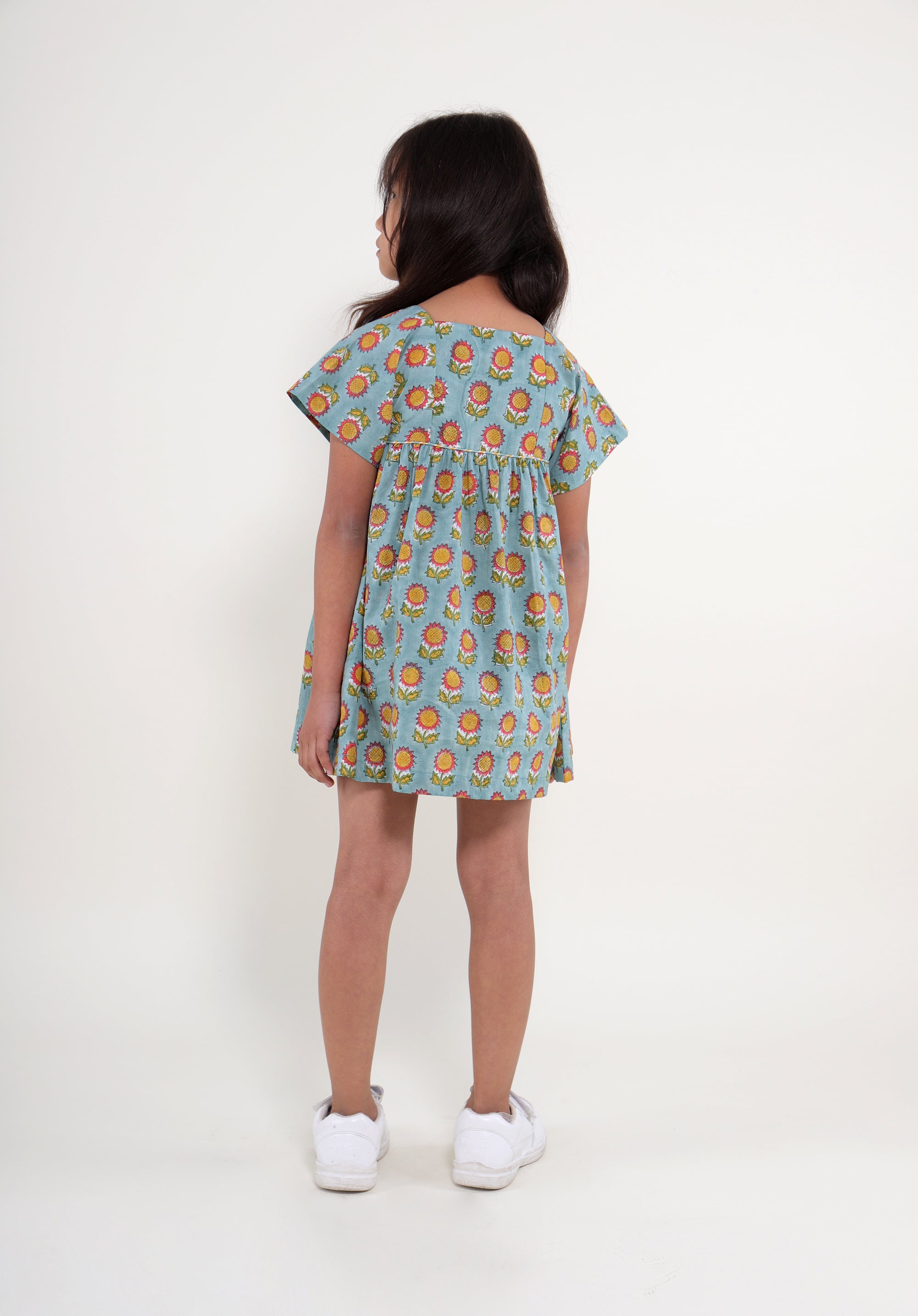 Girl's Block printed Dress Lila Sunflower Blue