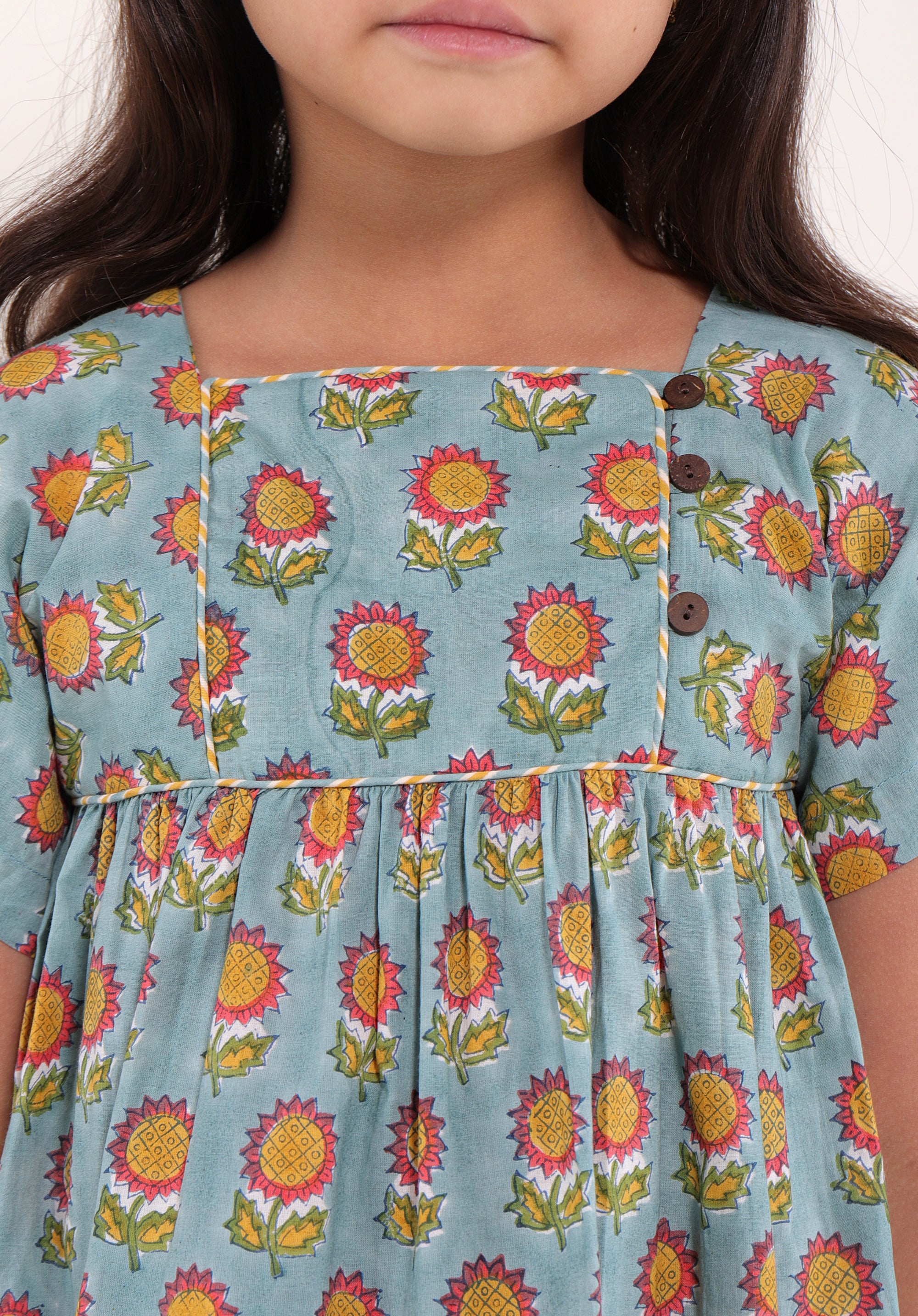 Girl's Block printed Dress Lila Sunflower Blue