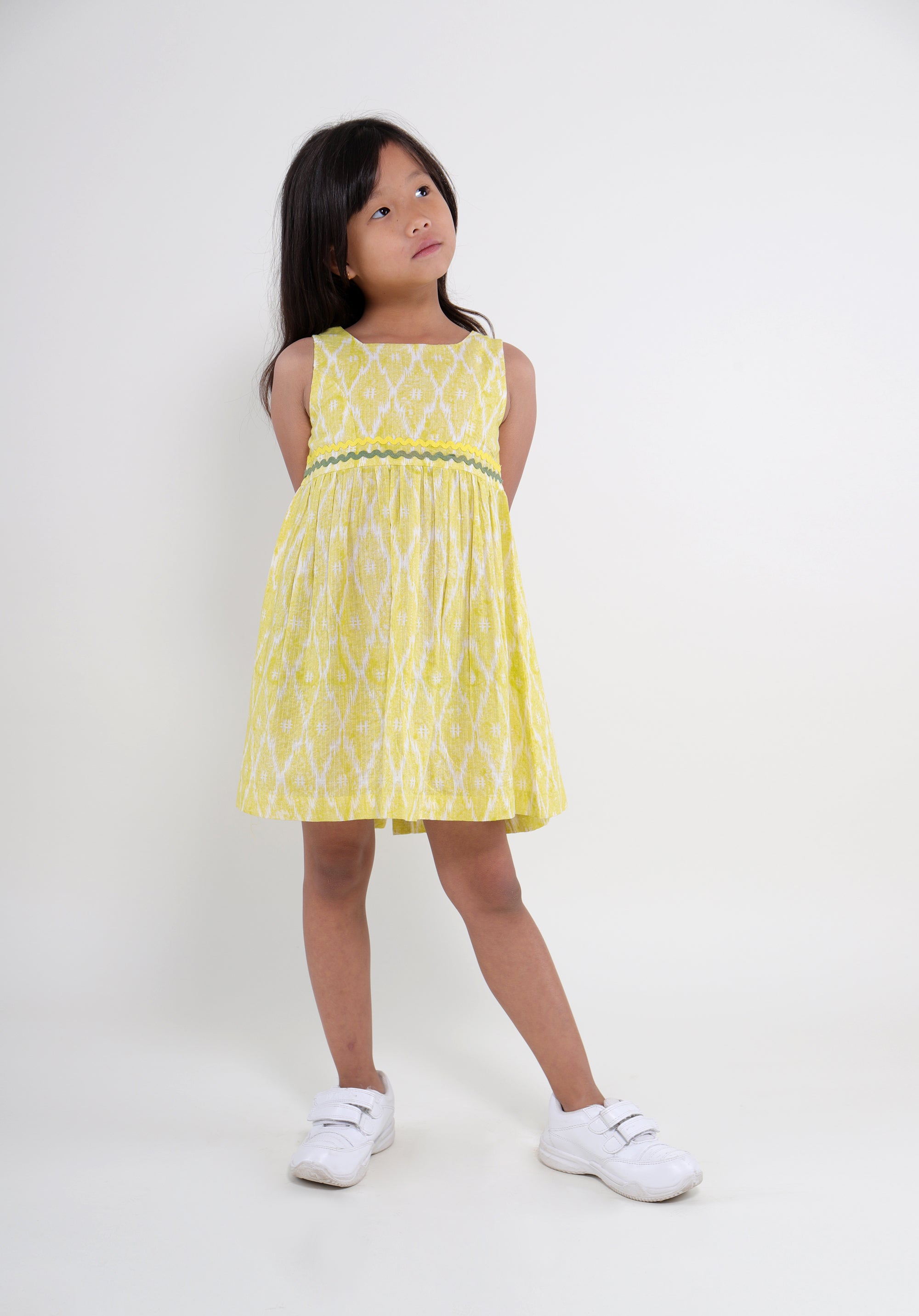 Girl's Block printed Fit and Flare Dress Ikkat Kantha Yellow