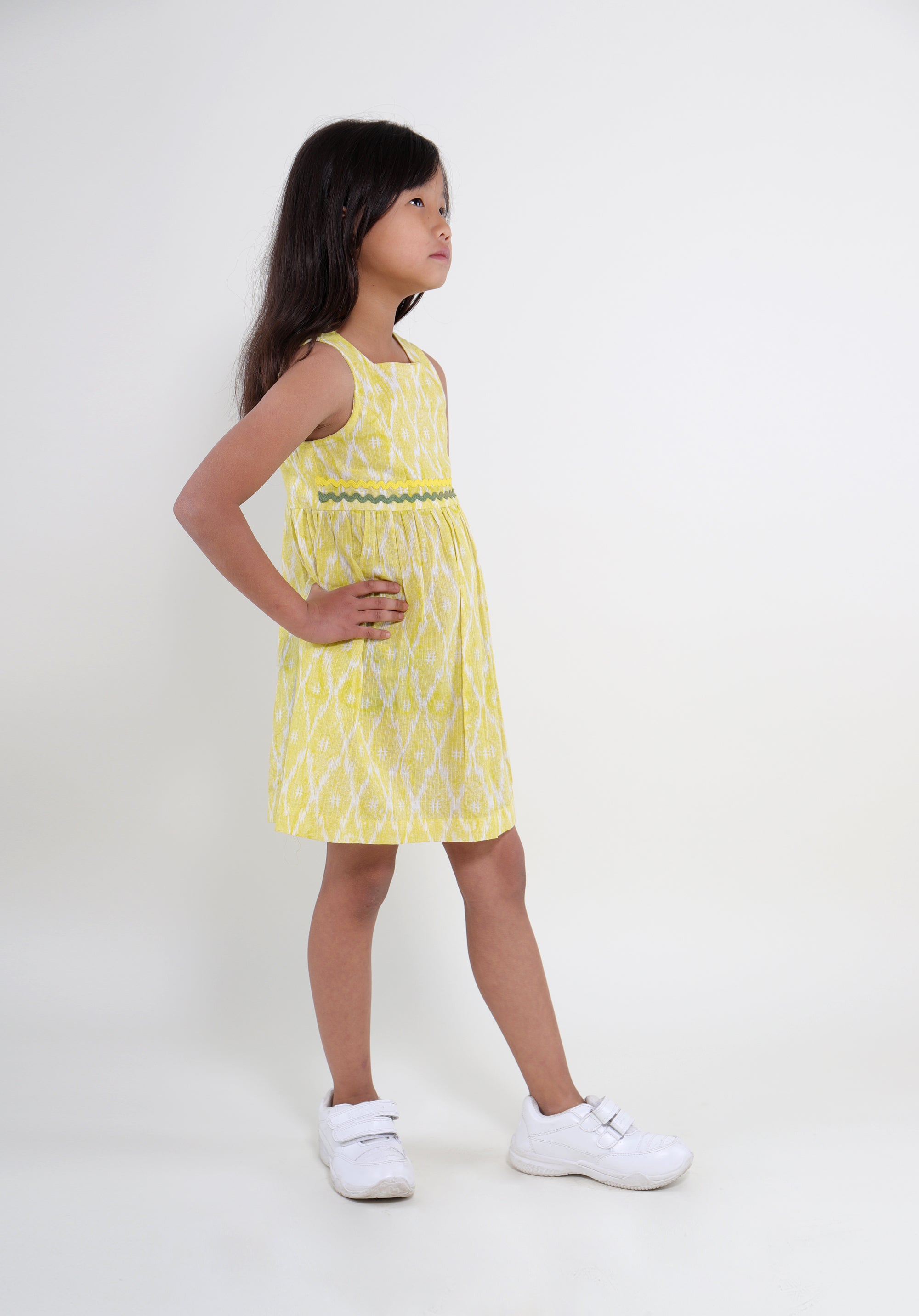 Girl's Block printed Fit and Flare Dress Ikkat Kantha Yellow