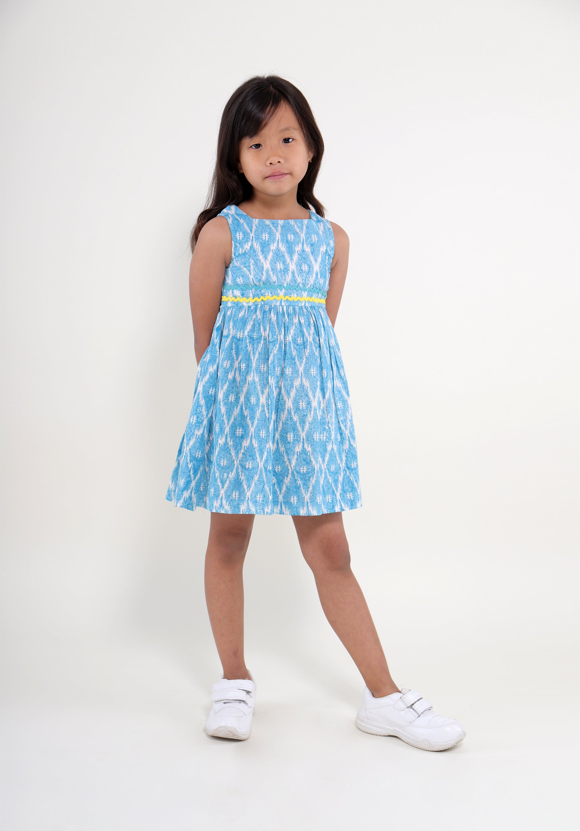 Girl's Block printed Fit and Flare Dress Ikkat Kantha Blue