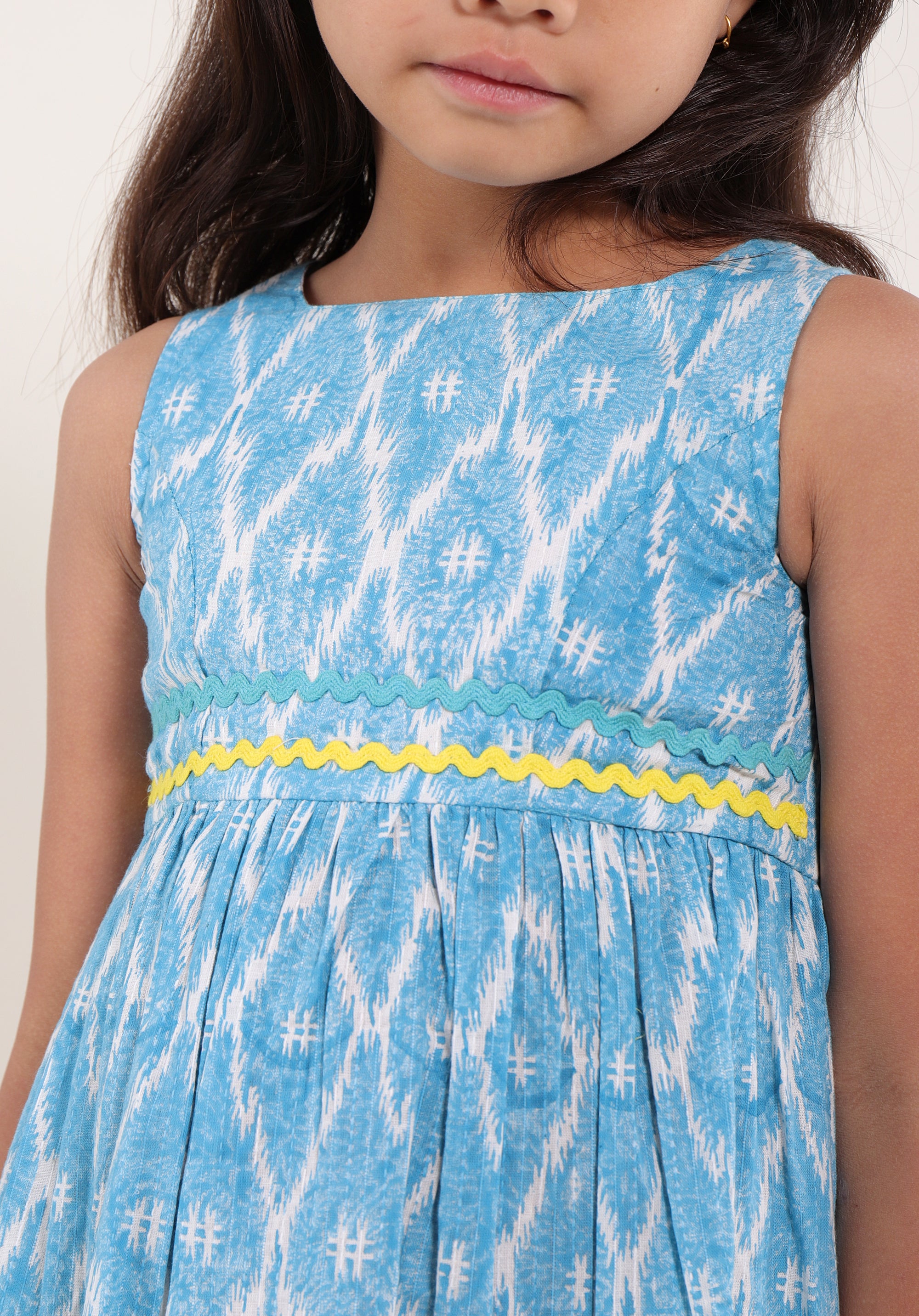 Girl's Block printed Fit and Flare Dress Ikkat Kantha Blue