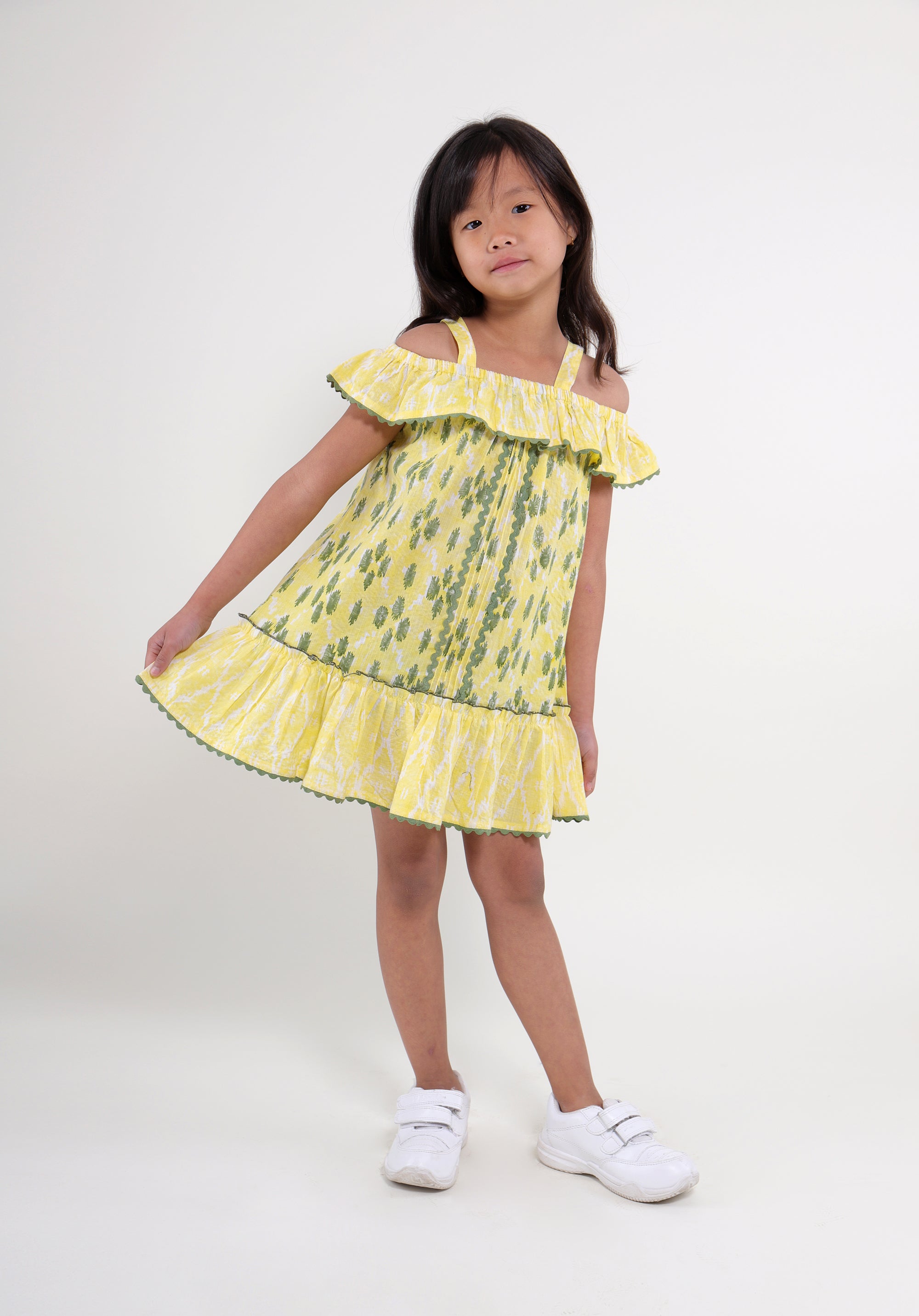 Girl's Block printed Dress Misha ikkat kantha yellow