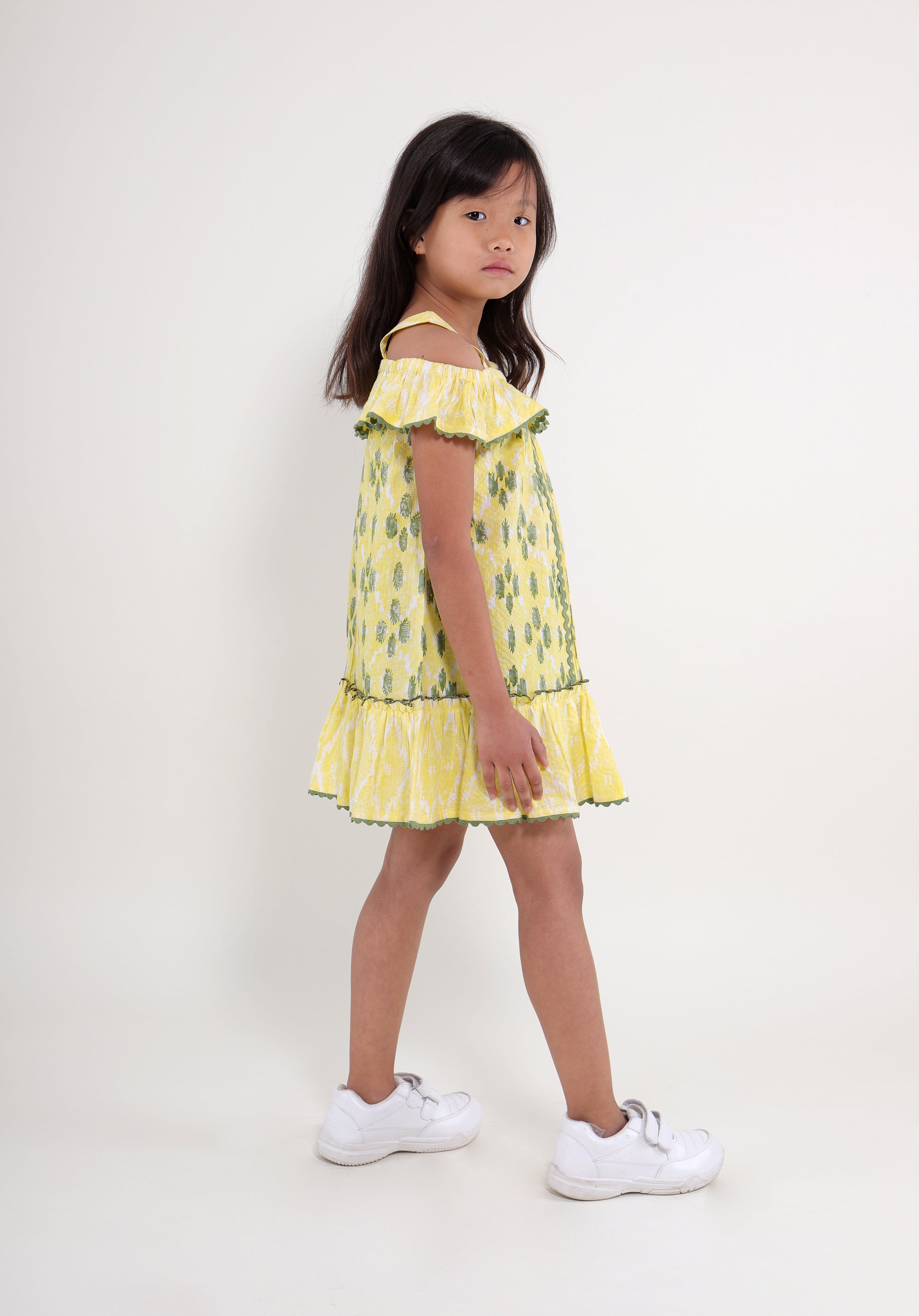 Girl's Block printed Dress Misha ikkat kantha yellow
