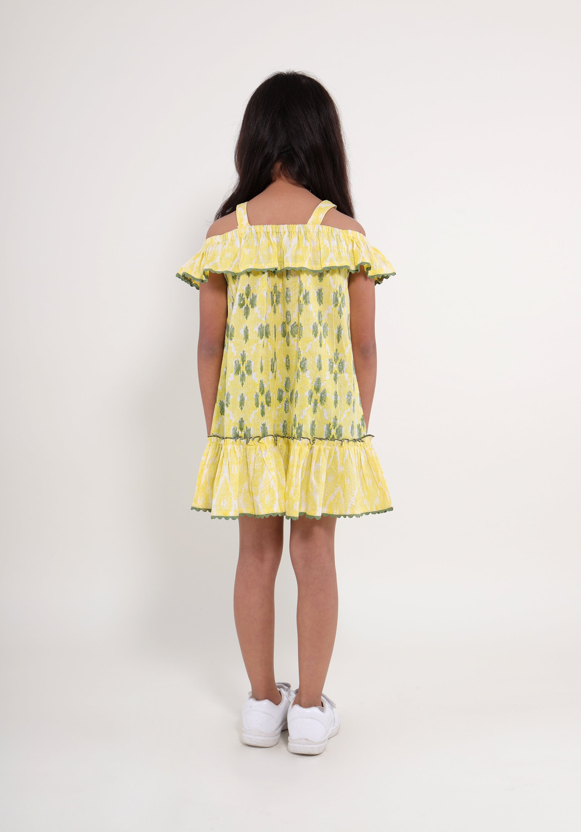 Girl's Block printed Dress Misha ikkat kantha yellow