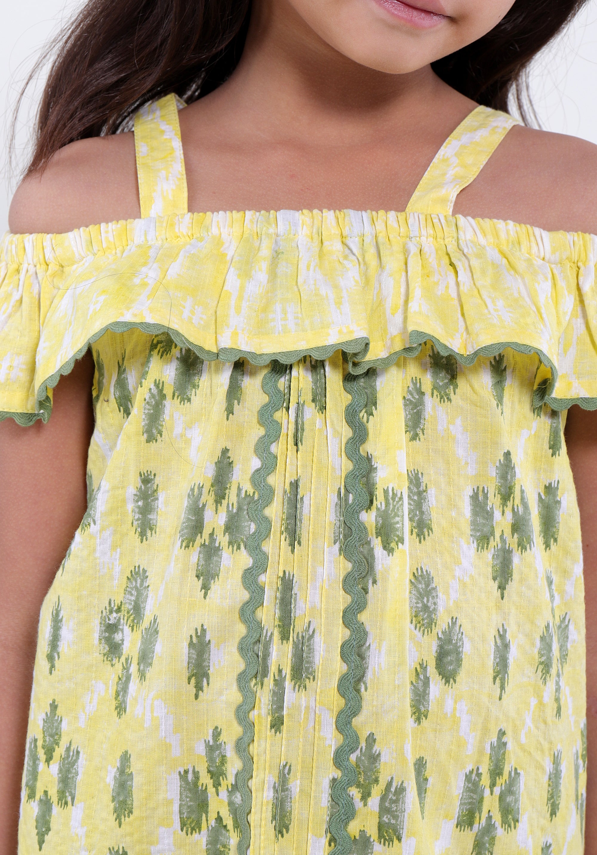 Girl's Block printed Dress Misha ikkat kantha yellow