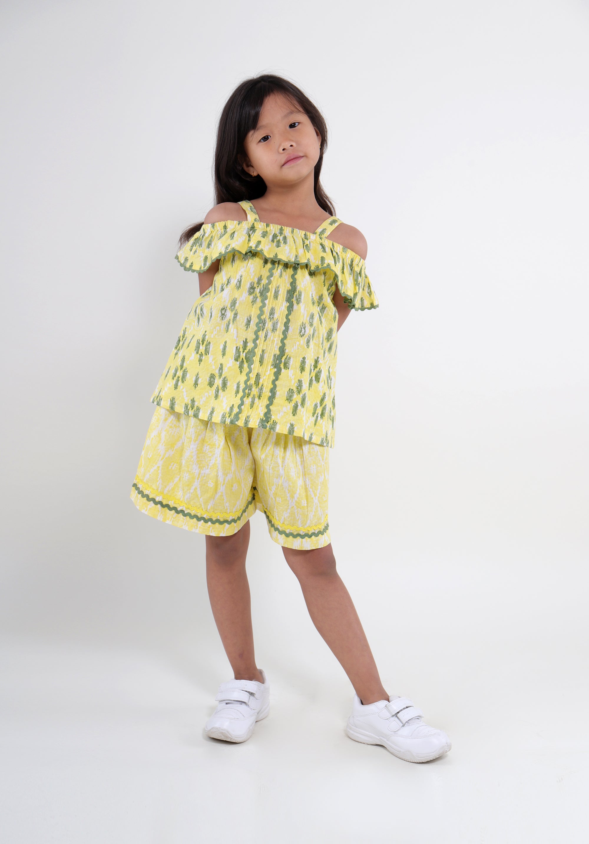 Girl's Co-Ord Set Misha Top Skirt Ikkat Kantha Yellow