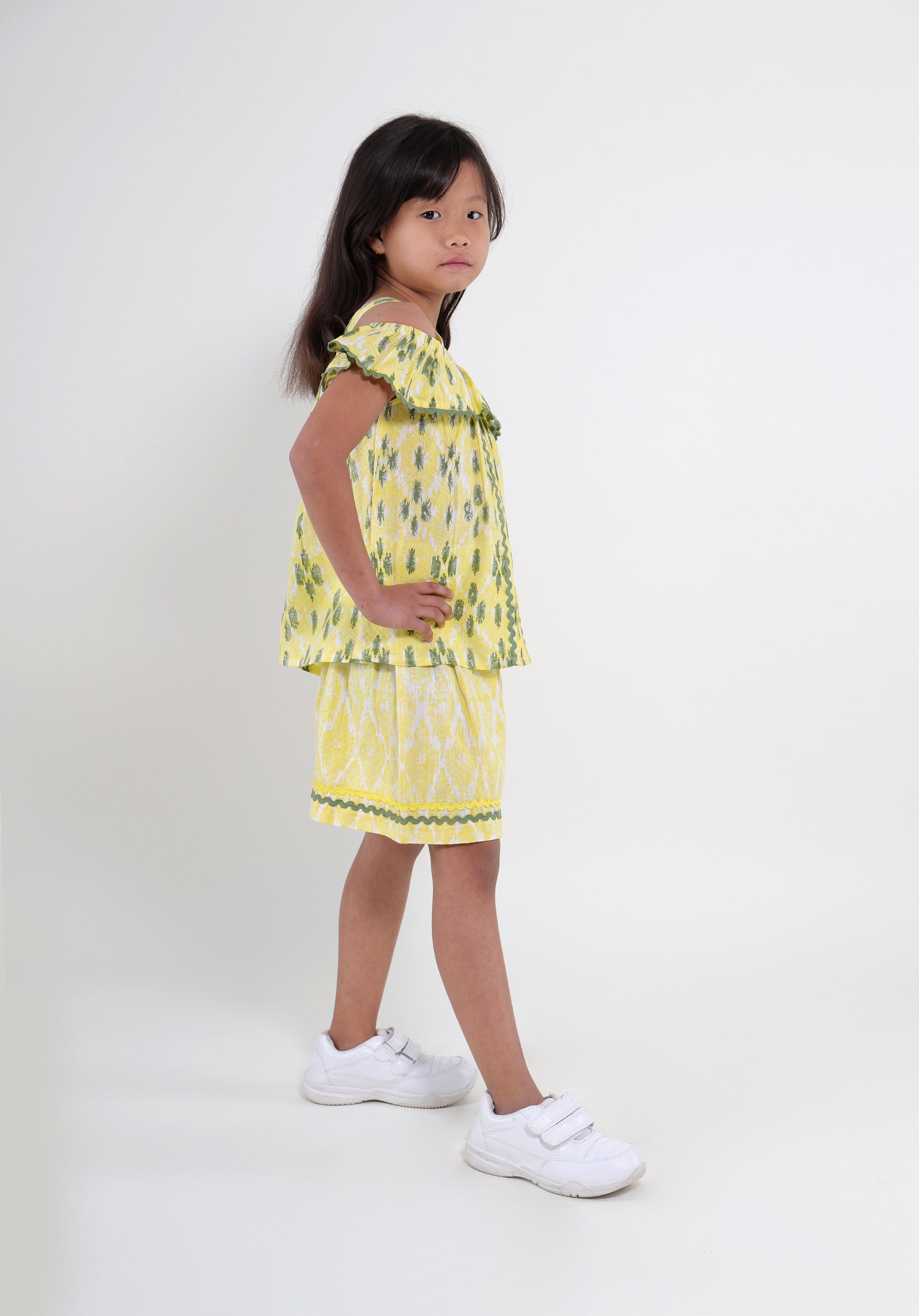 Girl's Co-Ord Set Misha Top Skirt Ikkat Kantha Yellow