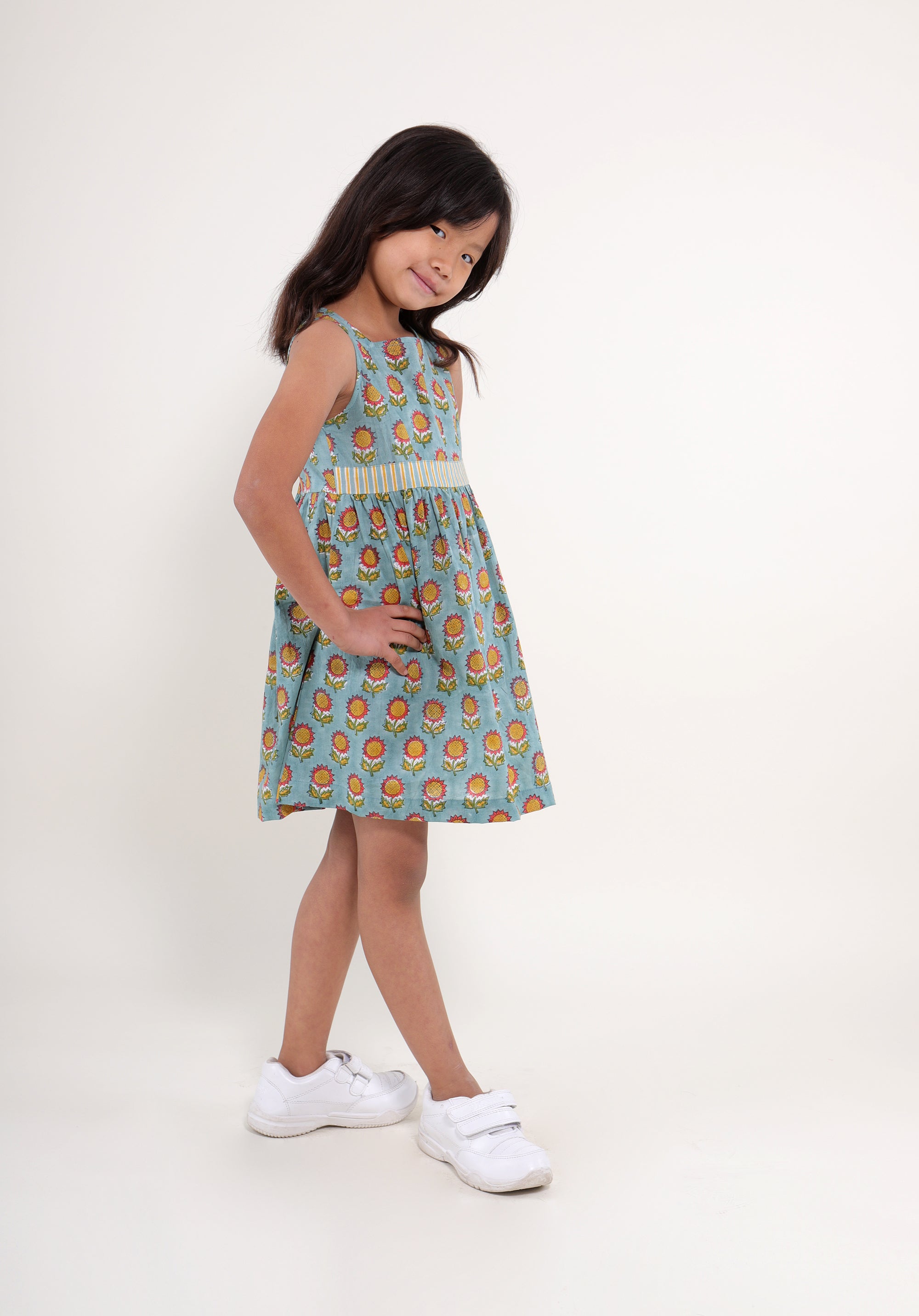 Girl's Block printed Fit and Flare Dress Garden Sunflower Blue