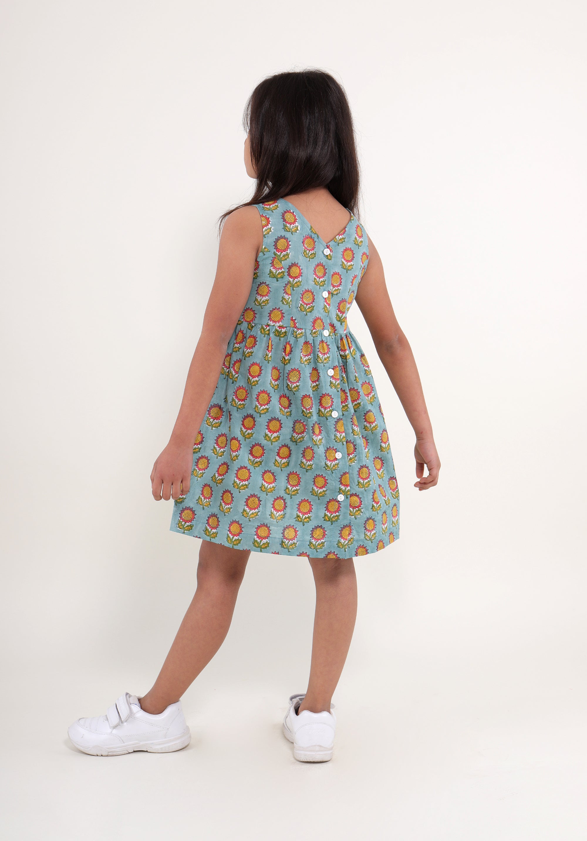 Girl's Block printed Fit and Flare Dress Garden Sunflower Blue