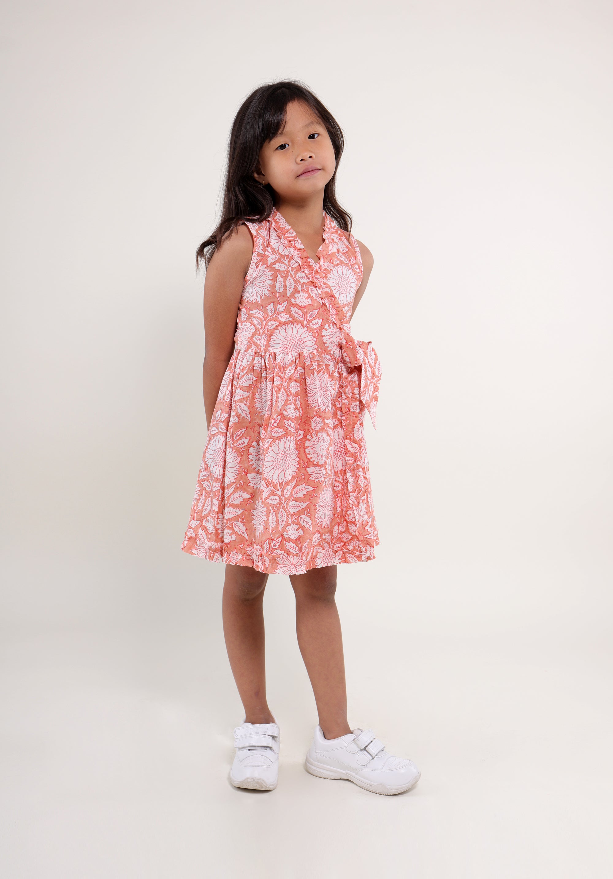 Girl's Block printed Dress Garima Floral Peach