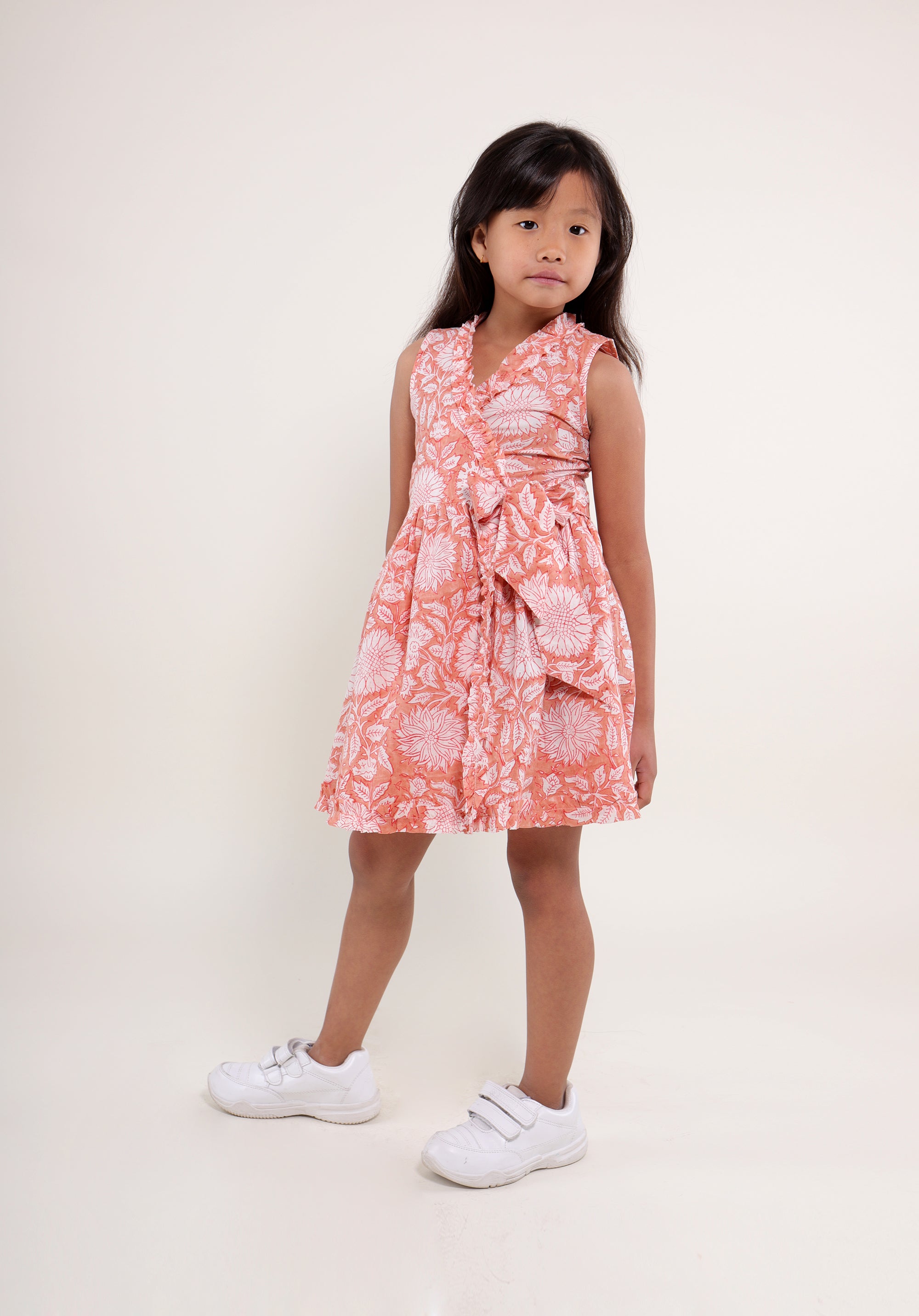 Girl's Block printed Dress Garima Floral Peach