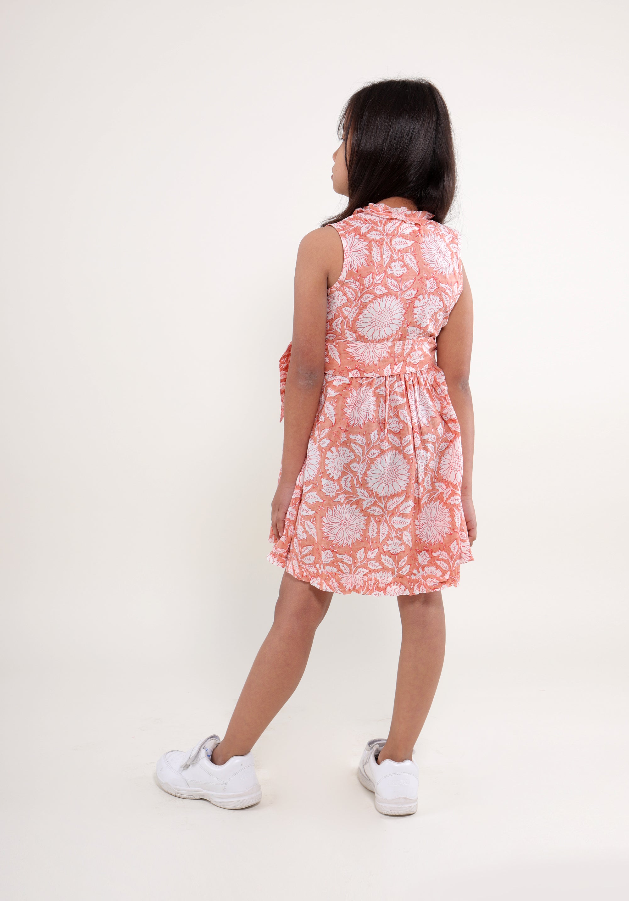 Girl's Block printed Dress Garima Floral Peach