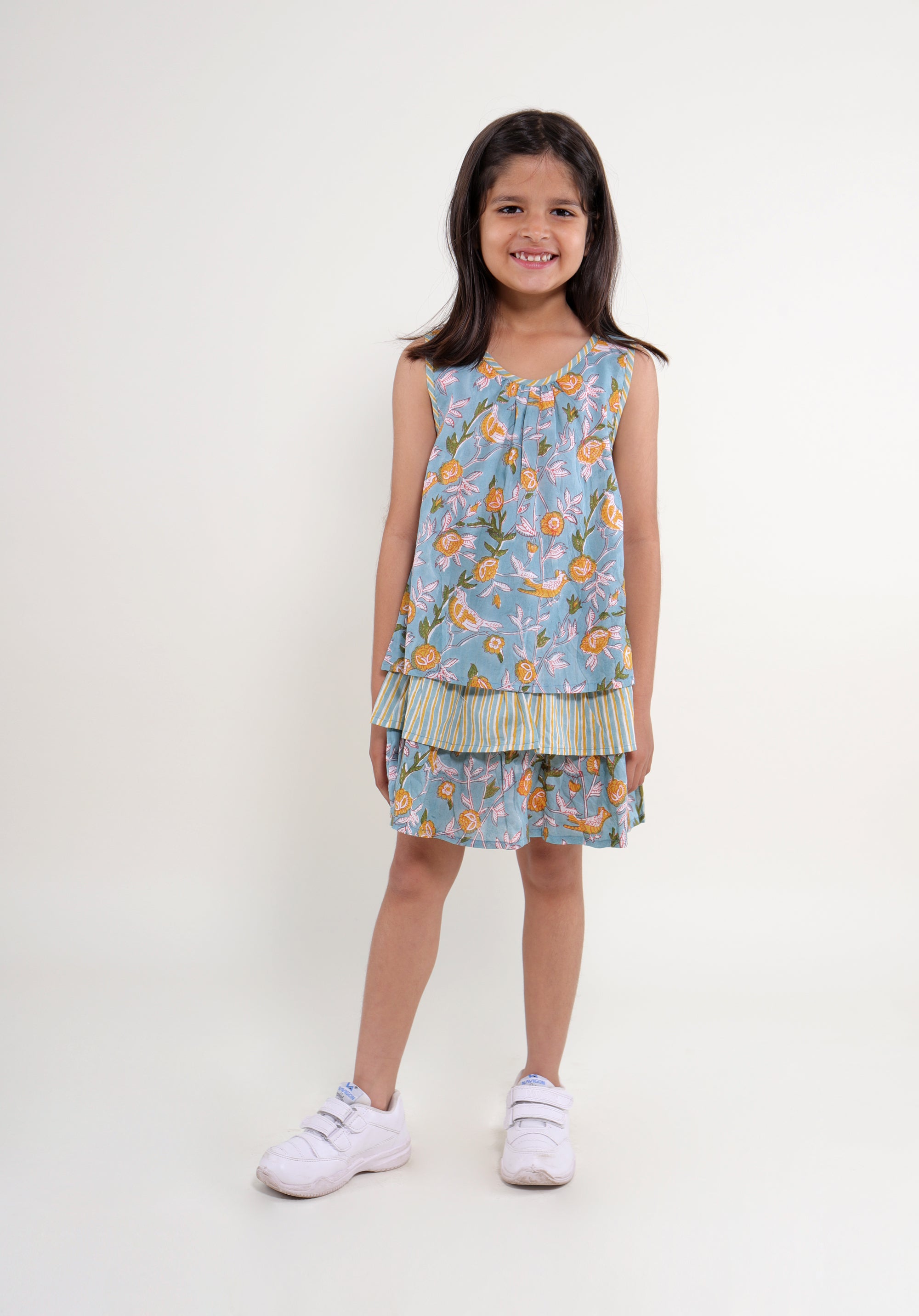 Girl's Block printed Dress Chavi Bird Jaal Blue