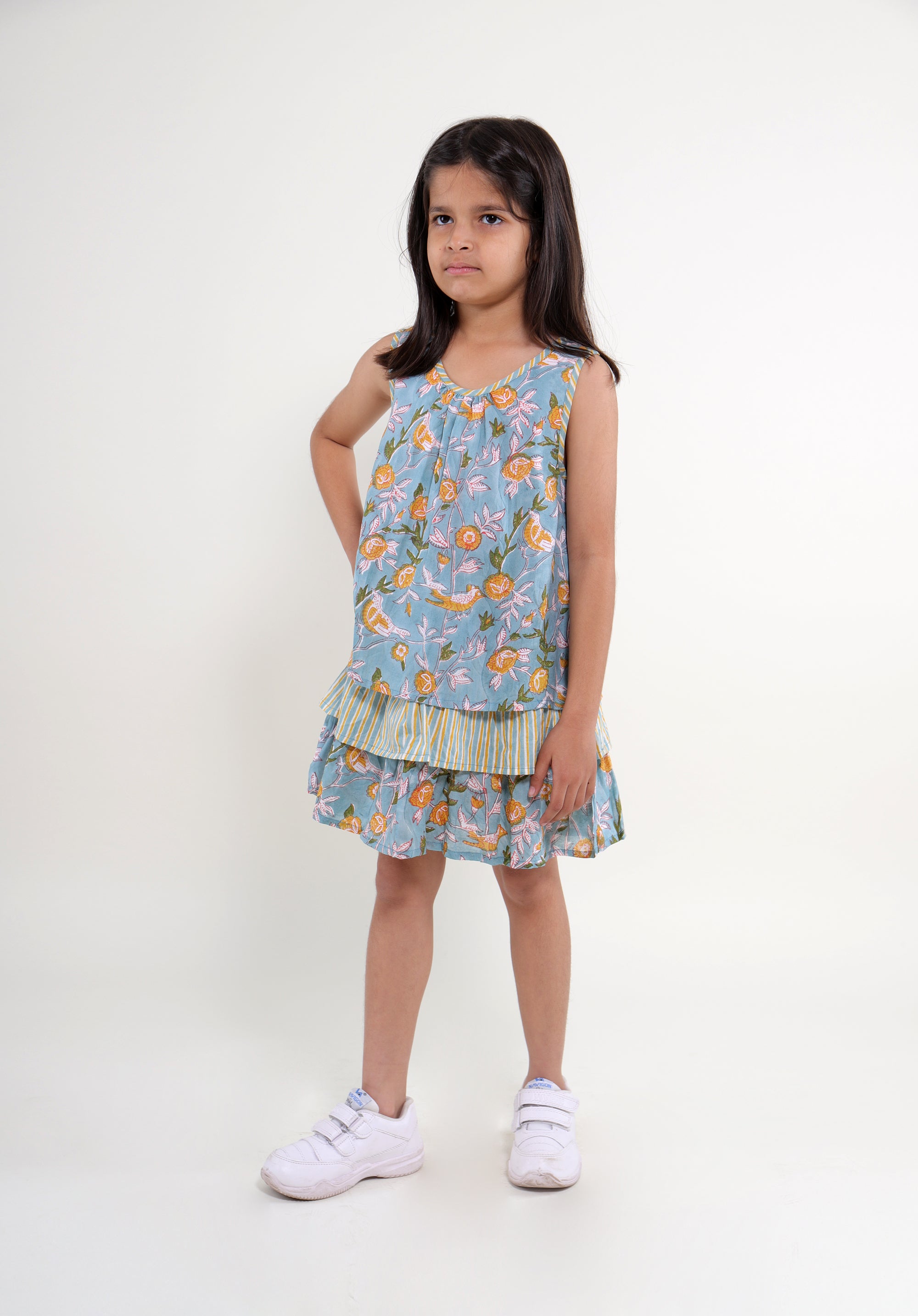 Girl's Block printed Dress Chavi Bird Jaal Blue