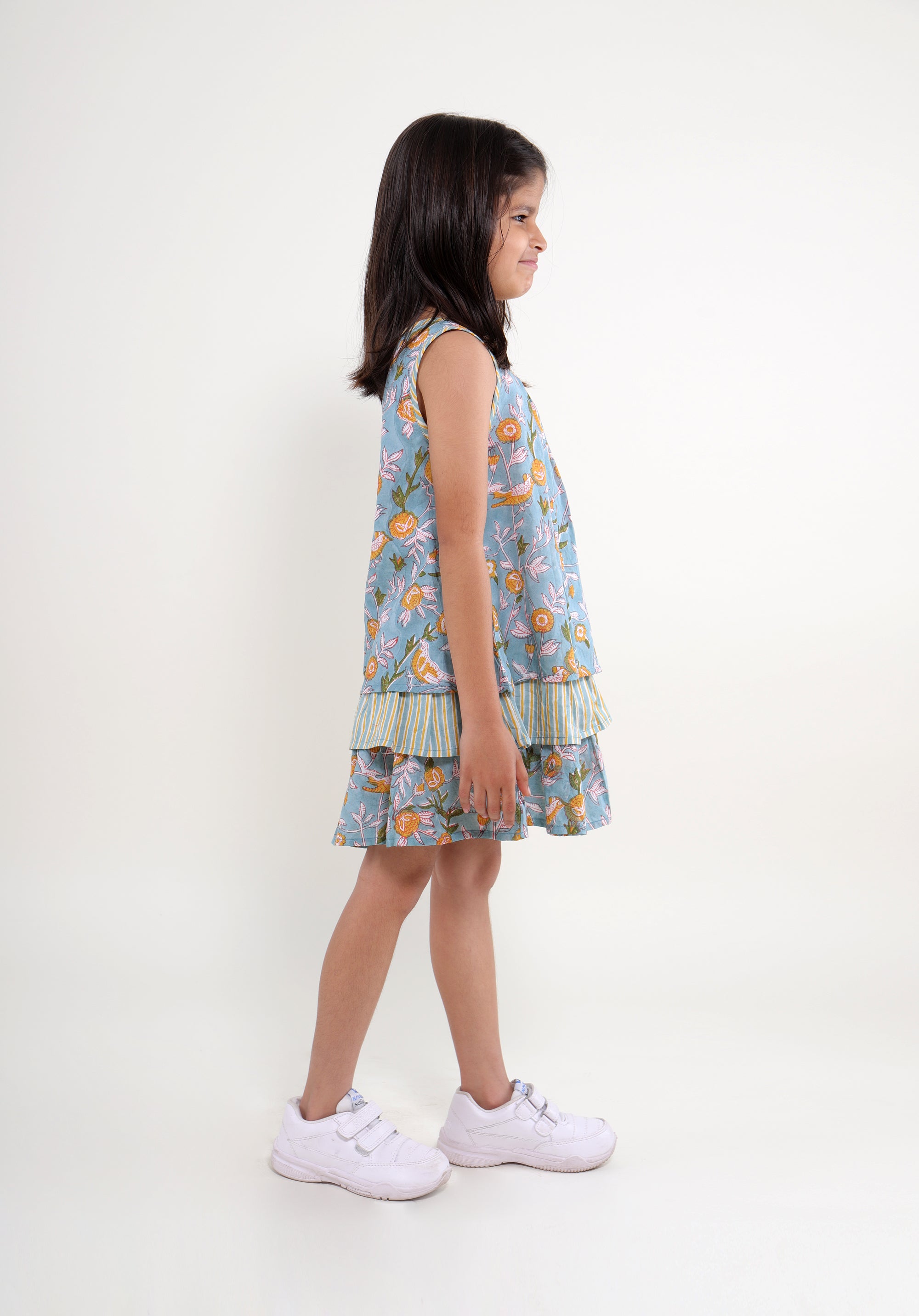 Girl's Block printed Dress Chavi Bird Jaal Blue