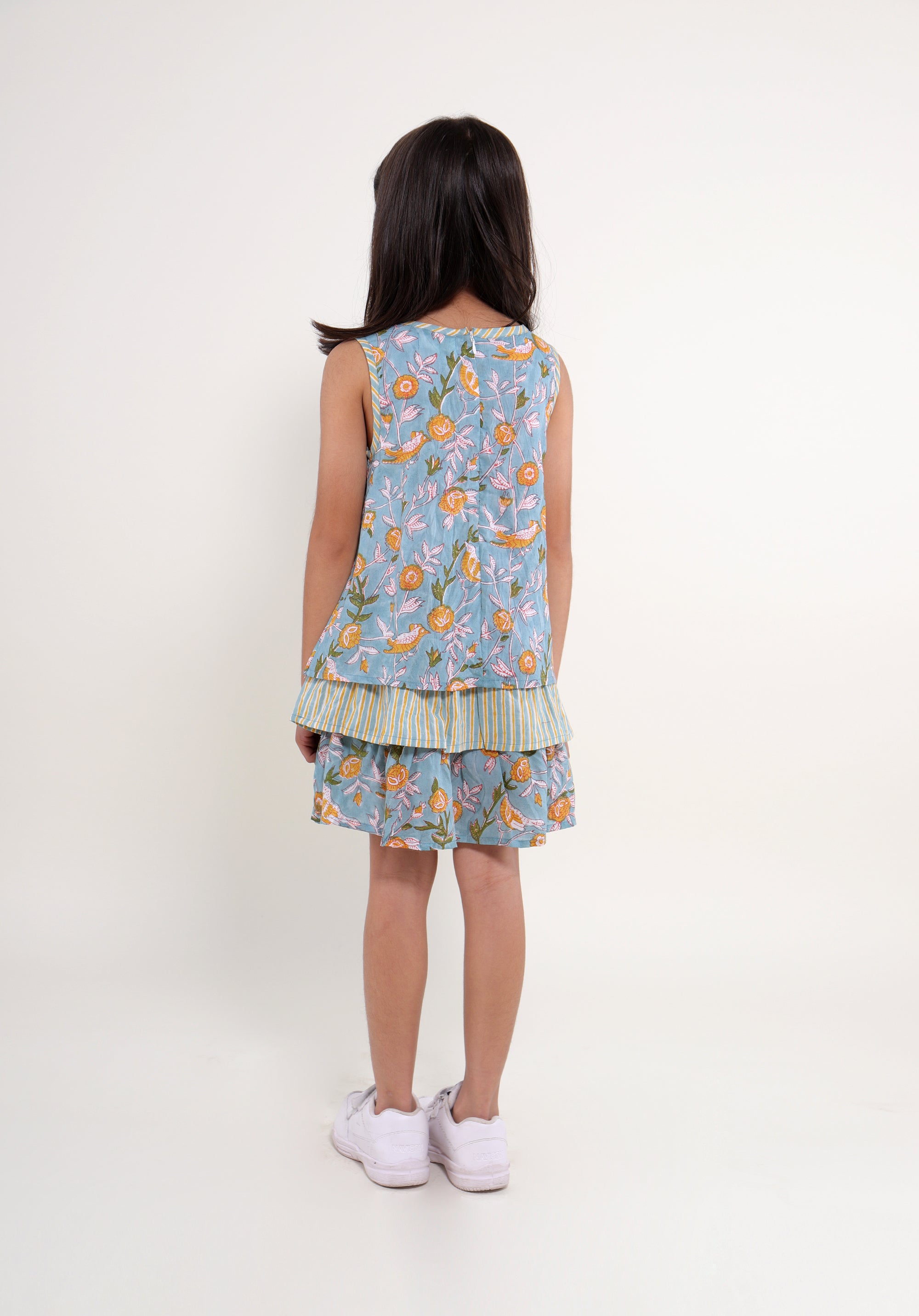 Girl's Block printed Dress Chavi Bird Jaal Blue