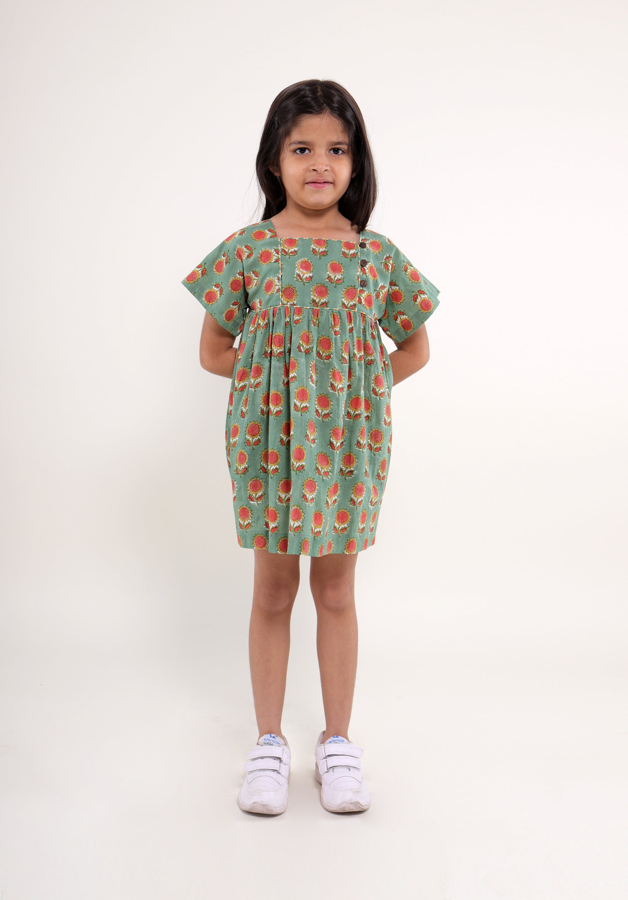 Girl's Block printed Dress Lila Sunflower Green